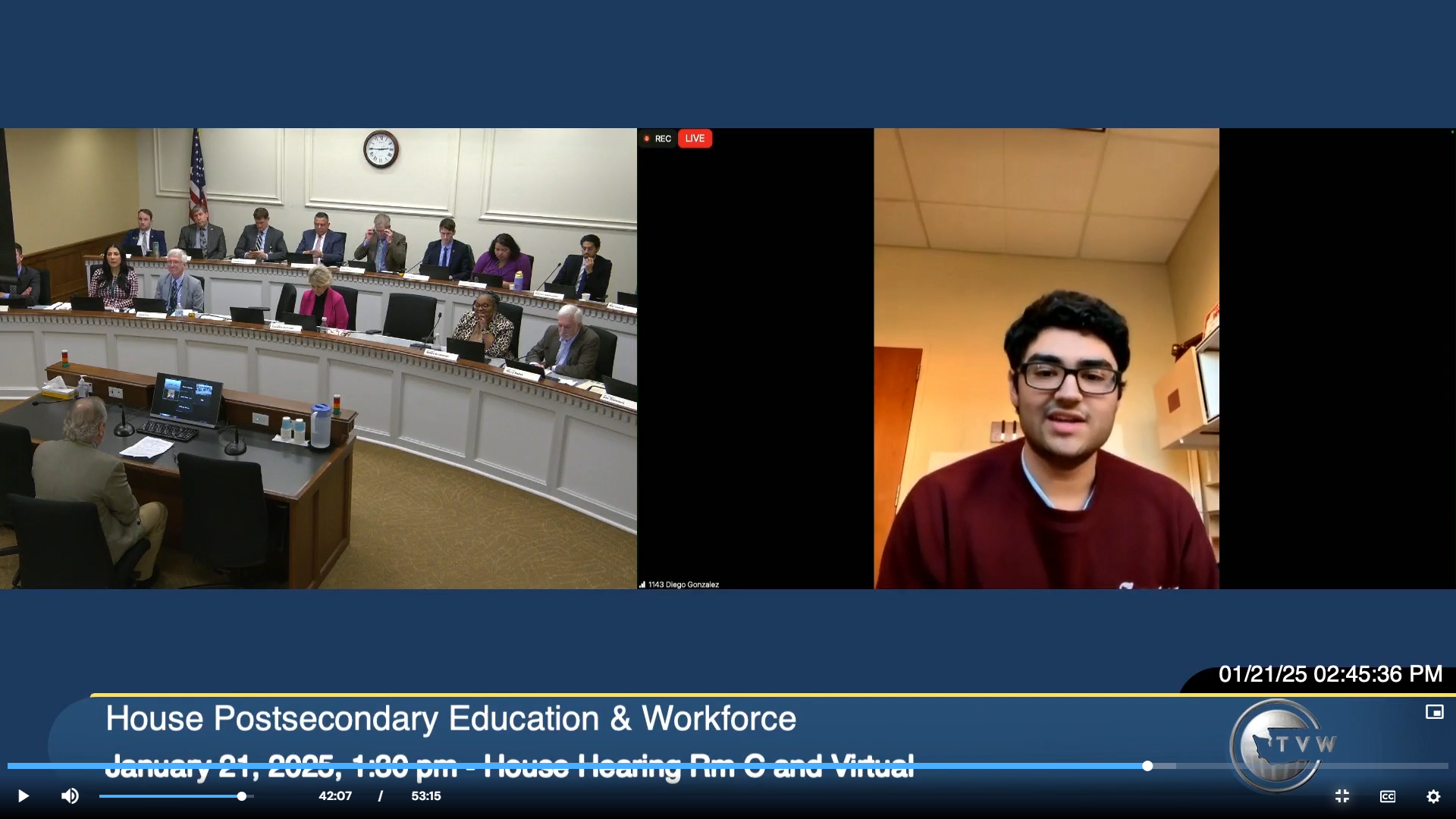 A virtual meeting with people in a house hearing titled 'House Postsecondary Education & Workforce' on January 21, 2025, at 2:45 PM.