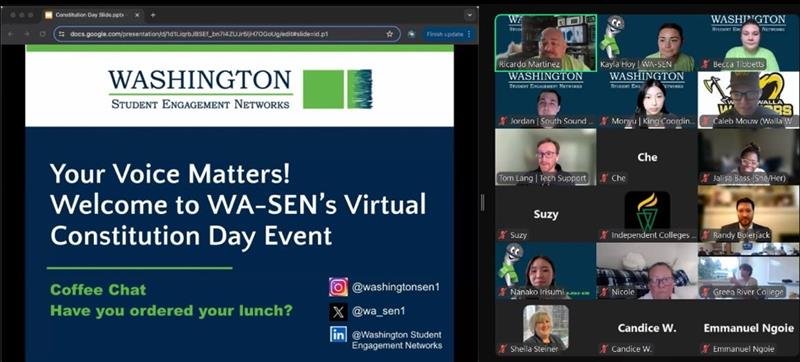 Screenshot of a virtual event for Washington Student Engagement Networks celebrating Constitution Day. The slide shows the event title 'Your Voice Matters! Welcome to WA-SEN's Virtual Constitution Day Event,' with social media handles and a note about a coffee chat. On the right, multiple participants' video feeds appear, showing people attending the virtual event.
