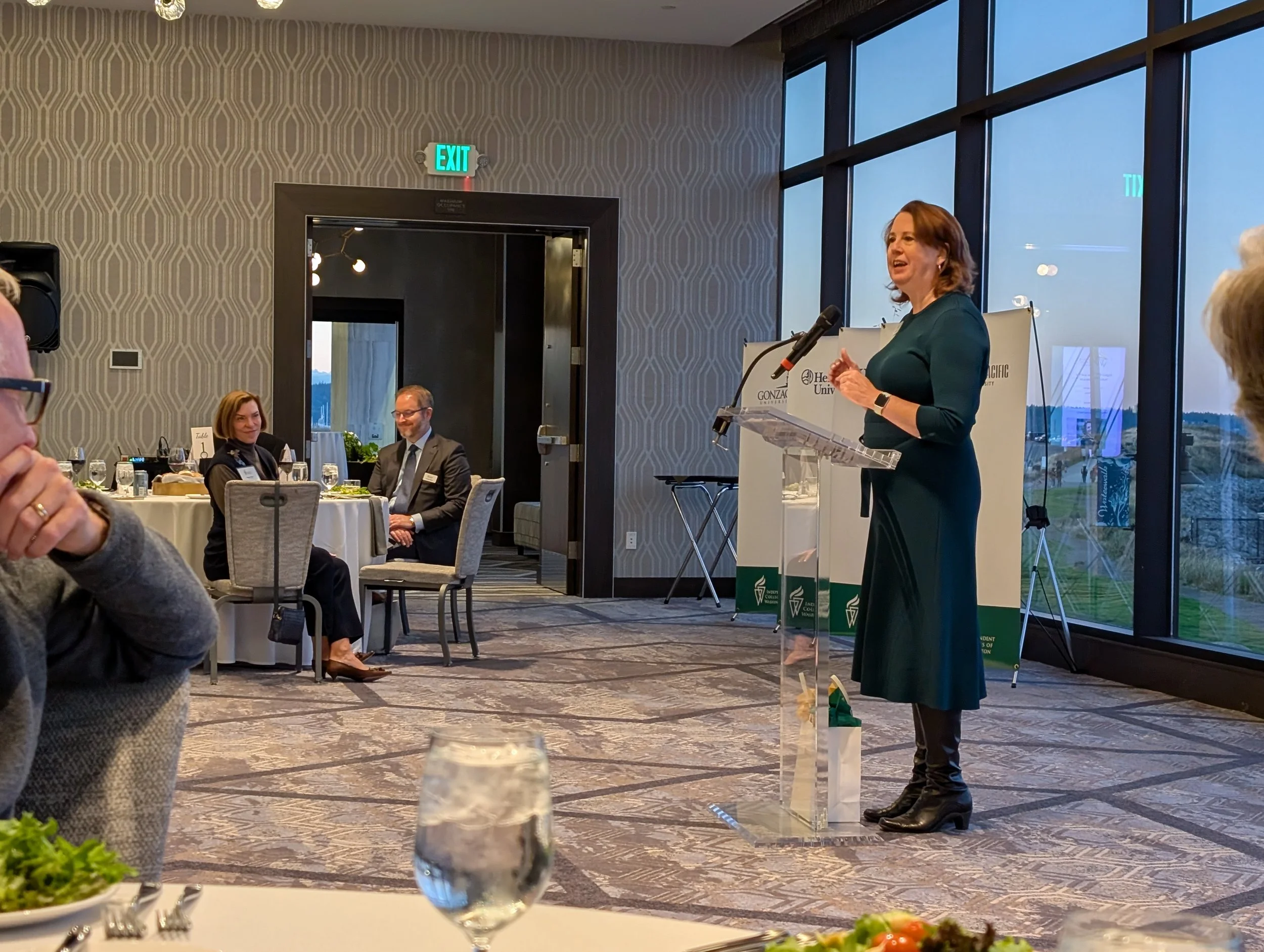 A woman in a dark green dress giving a speech at a podium with a microphone in a conference room with large windows and banquet tables.