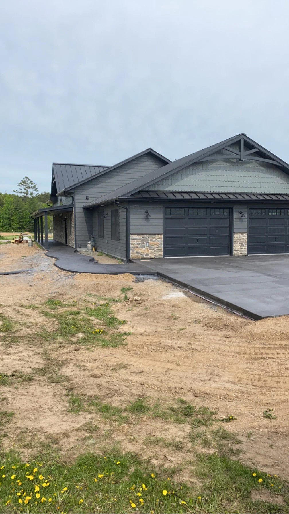 Newly constructed house with gray siding, stone accents, black garage doors, and a concrete driveway, set in a partly landscaped yard.