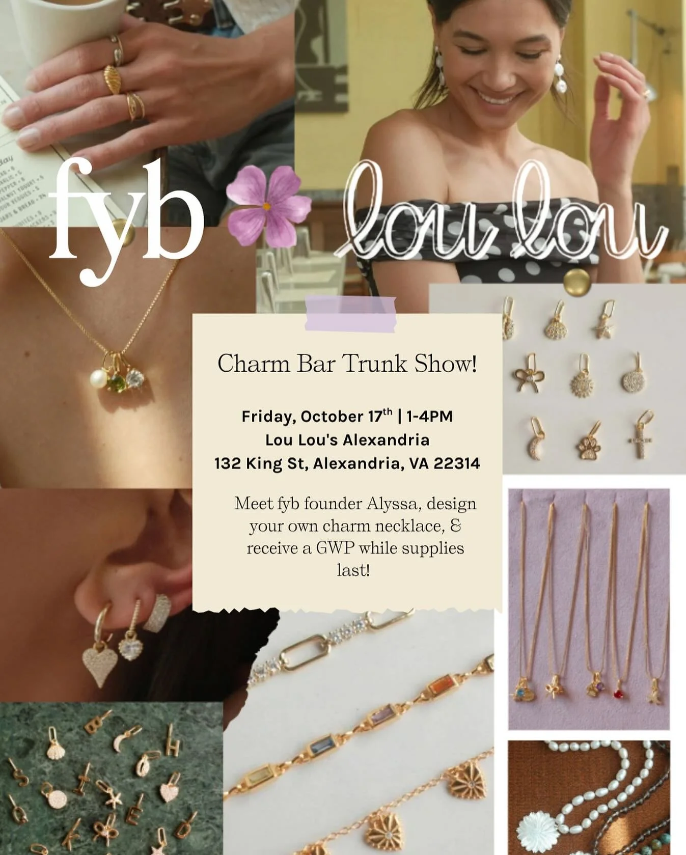 Exciting news! F.Y.B. is popping up at Lou Lou&rsquo;s in Alexandria this Friday!! 💕 Meet the talented founder and craft your own unique charm stack 🌟
.
.
.
.
 #FYB #TrunkShow #ShopLocal #CharmJewelry