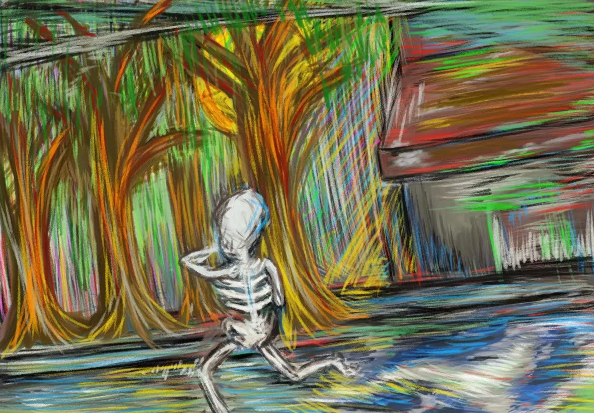 A colorful, abstract drawing of a child with a skeleton-like appearance sitting under a large tree on a street, with a building in the background.