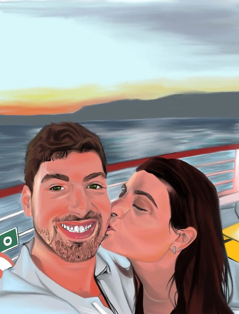 A woman is giving a man a kiss on the cheek while on a boat, with water and a sunset in the background.