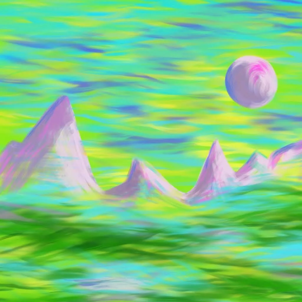 A surreal landscape with pastel-colored mountains, a cloudy sky with a pinkish moon, and vibrant green and blue water or land in the foreground.