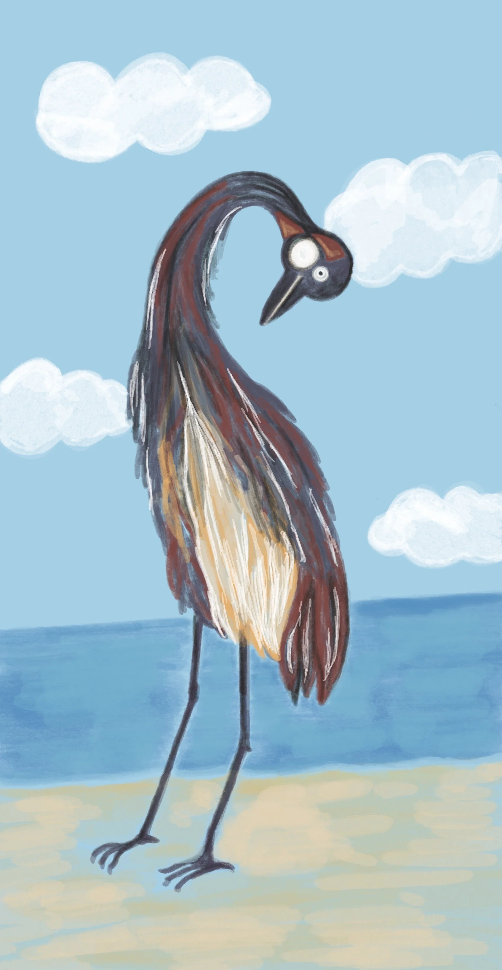 Painting of a colorful bird, possibly a heron, standing on a beach with blue water and sky, and white clouds in the background.