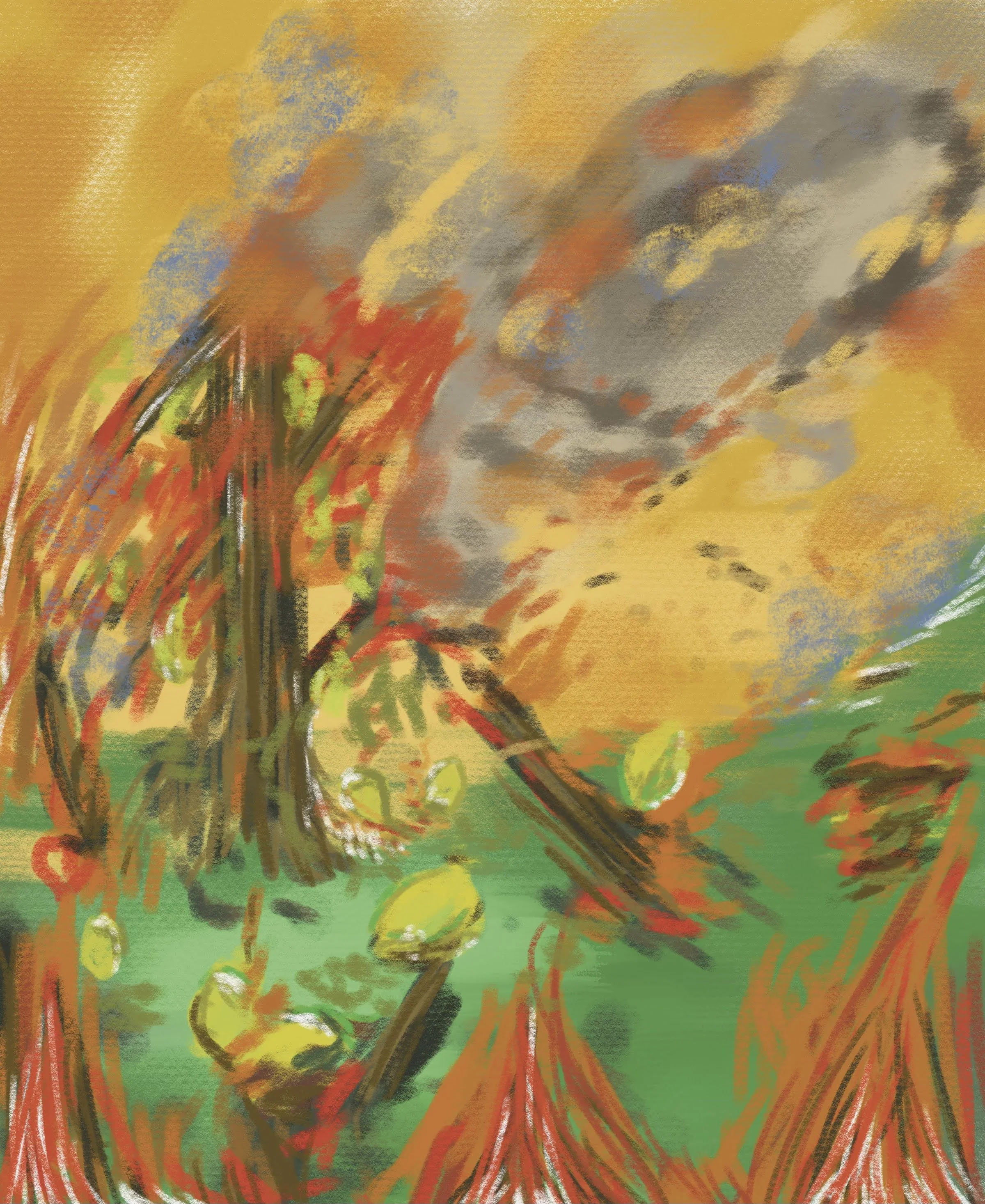An abstract painting of a volcano erupting with ash and smoke, with green land in the foreground and bright colors of orange, yellow, gray, and blue.