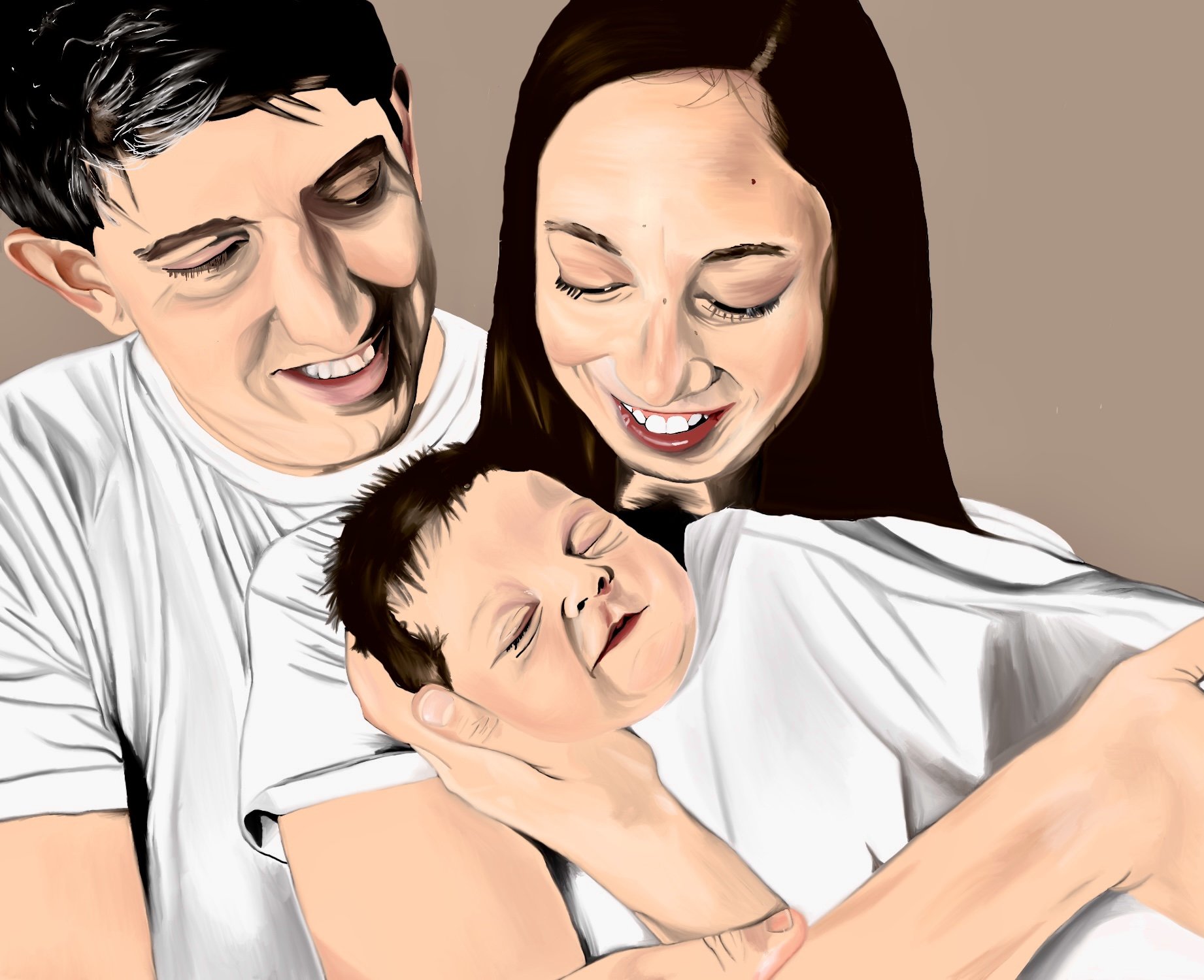A cartoon-style image of a family of four, including a mother, father, and one child, all smiling and embracing each other. The baby is being held and appears to be sleeping.