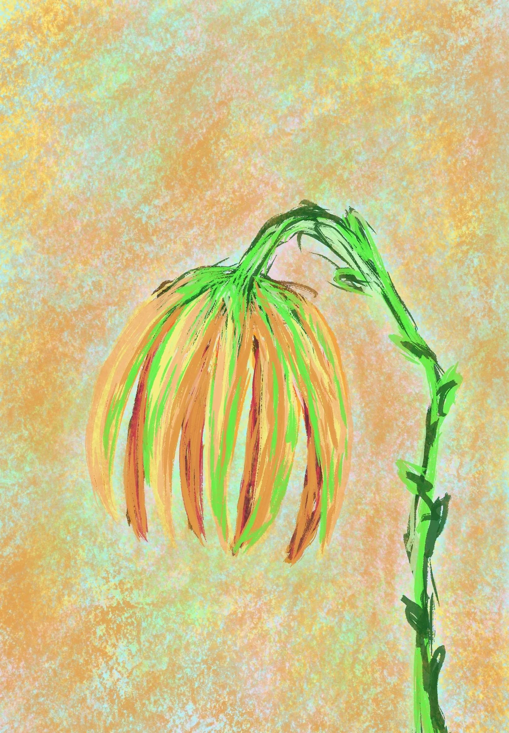 A digital illustration of a drooping flower with orange and green petals and a bent green stem, set against a textured orange and blue background.