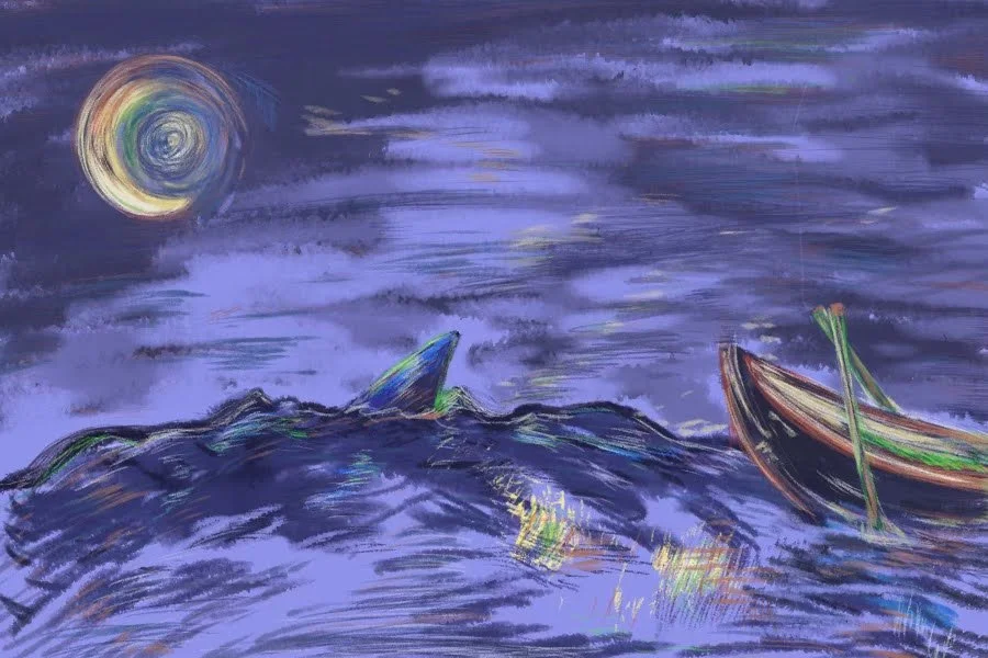 A night scene of a turbulent sea with a whale fin visible above the waves, two boats with oars, and a colorful, swirling moon in the sky.