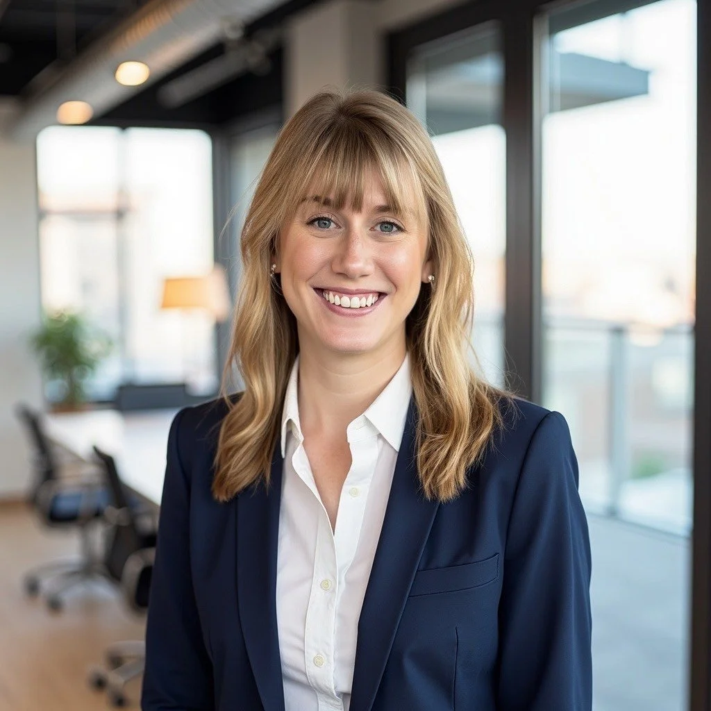 A smiling woman in a navy blazer and white shirt standing in a modern office with large windows and conference tables.