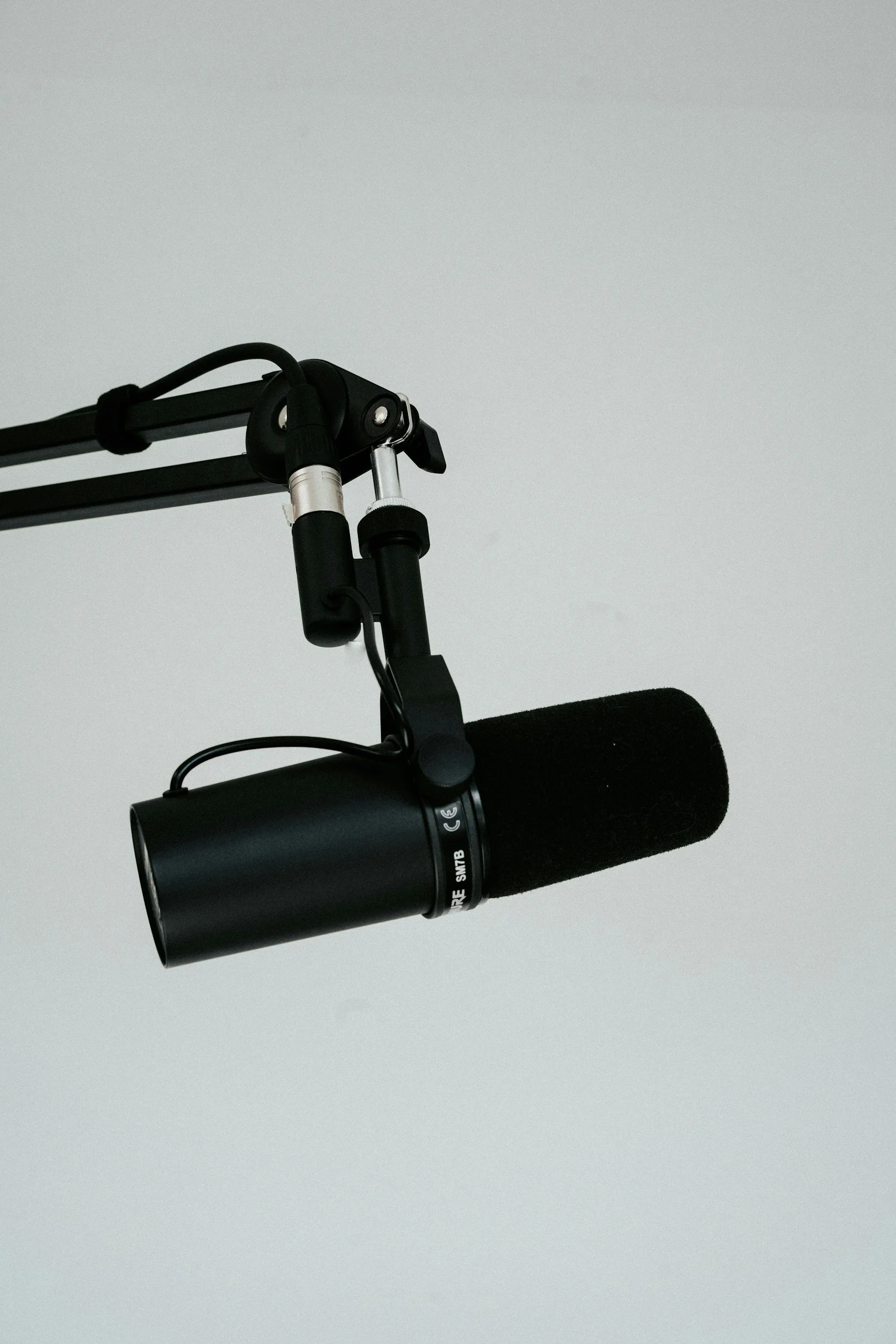 Studio microphone with a pop filter on a stand against a plain white background.