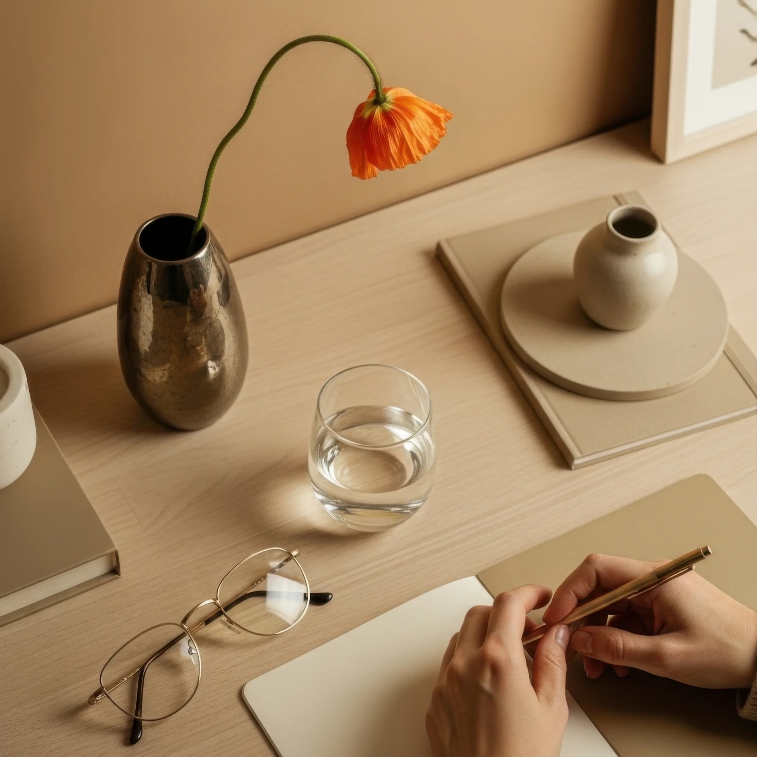A person holding a smartphone in their hands, with spectacles lying on a wooden surface, a glass of water, a small white vase, and a rectangular wooden tray in the background.