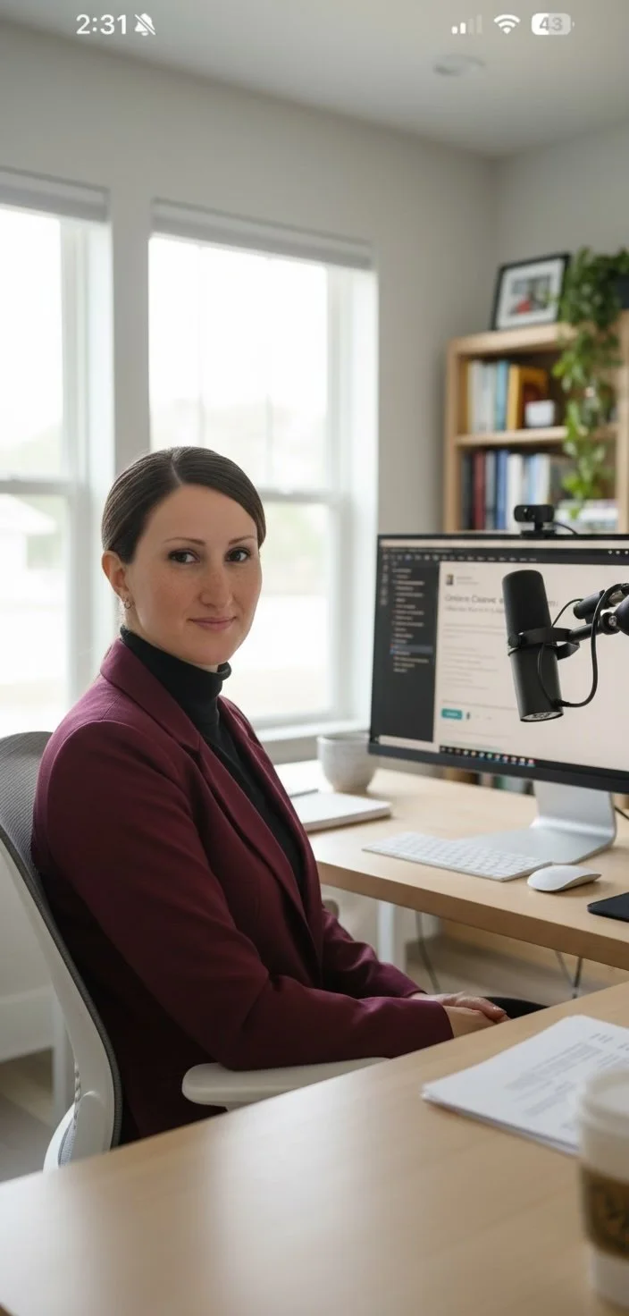 A woman in a maroon blazer sitting at a desk in front of a computer with a microphone attached, in a bright room with large windows and a bookshelf in the background.