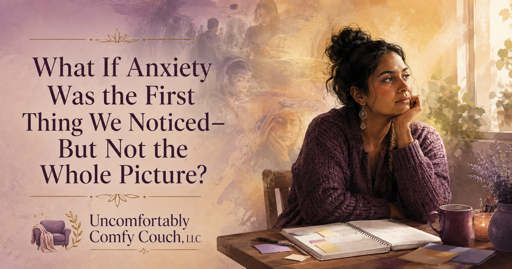 Woman reflecting beside a planner while images of deadlines, sensory overwhelm, and social distress appear behind her.
