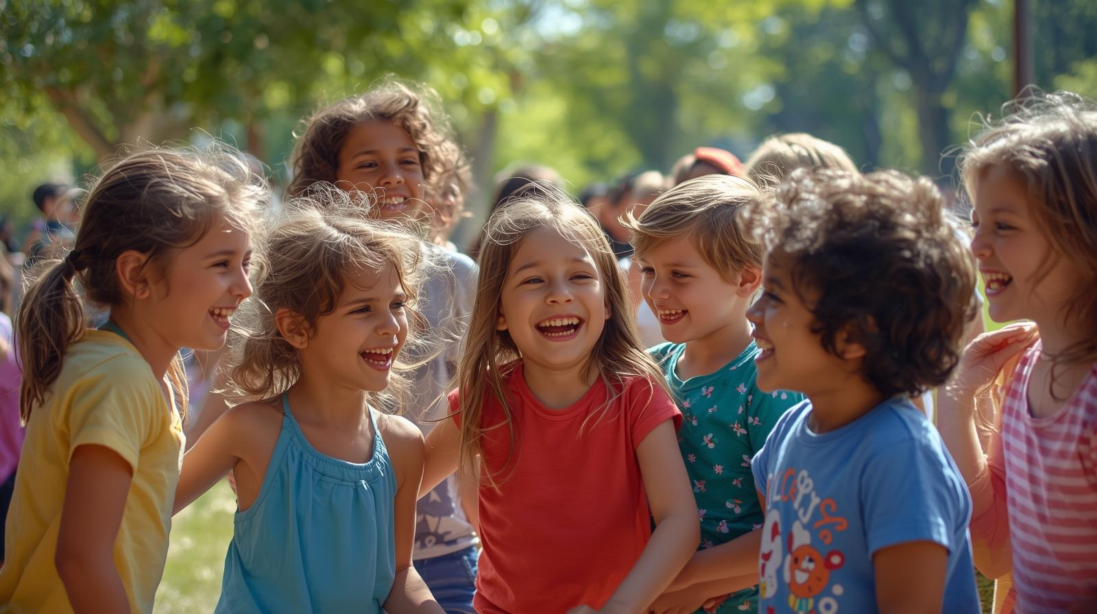 A group of smiling children standing outdoors in sunlight, enjoying each other's company.