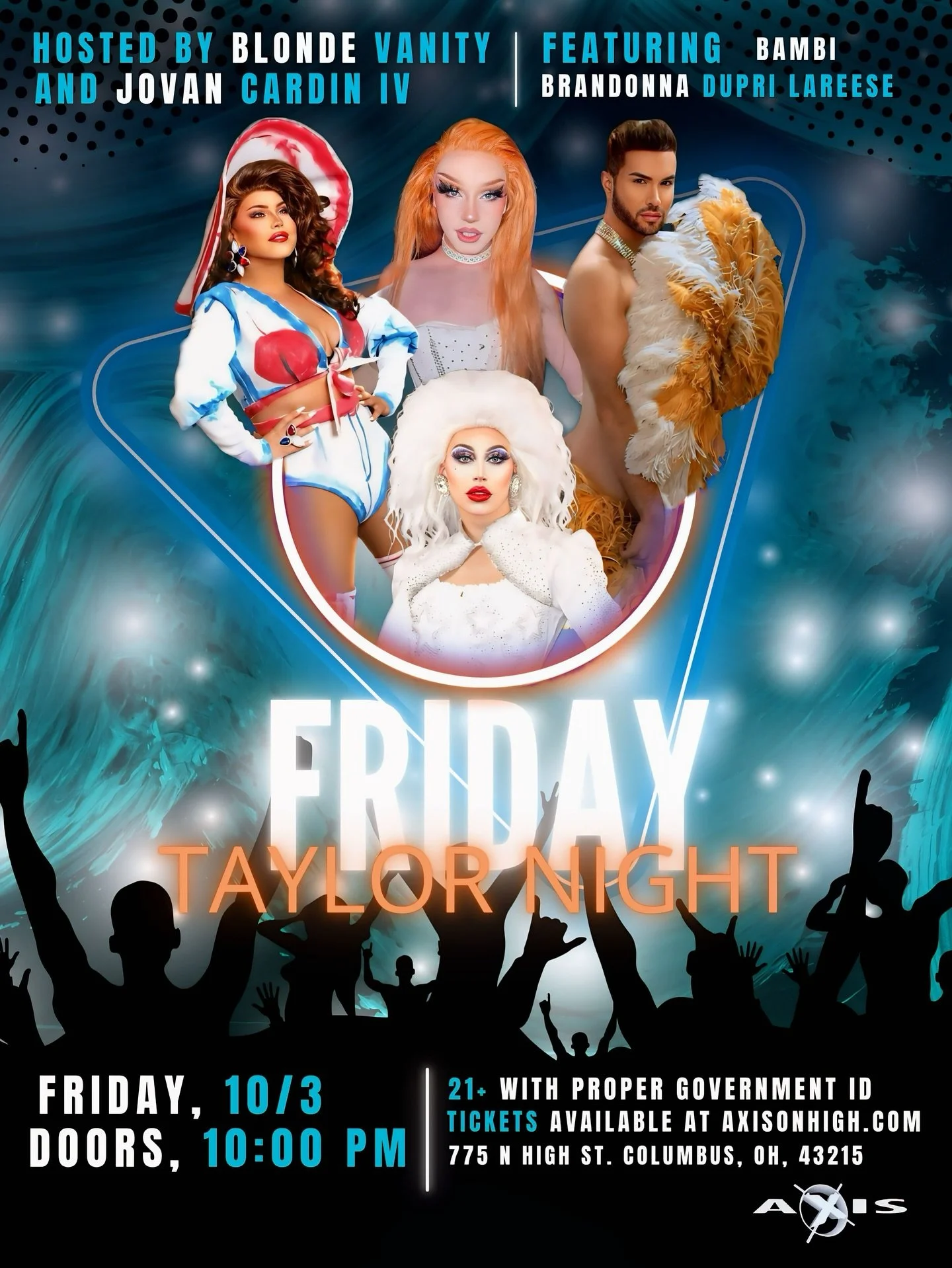 ✨ FRIDAY = TAYLOR NIGHT ✨
Axis is turning up this Friday with a night inspired by the pop icon herself! 🎶💃

Hosted by Blonde Vanity &amp; Jovan Cardin IV
Featuring Bambi &amp; Brandonna Dupri LaReese 🔥

📅 Friday, Oct 3
⏰ Doors at 10 PM
📍 775 N H