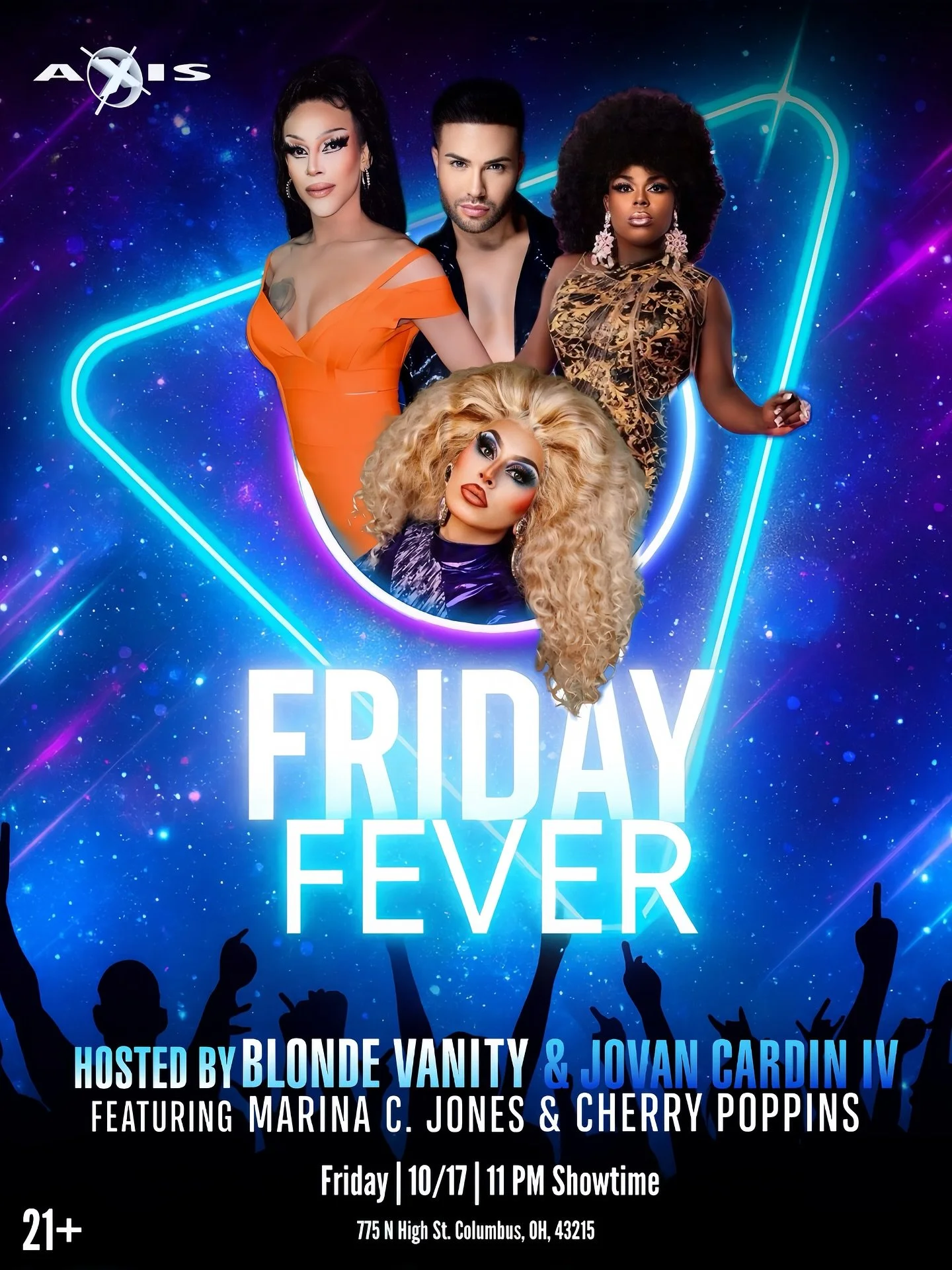 🔥 FRIDAY FEVER is back at Axis Nightclub! 🔥

Get ready for a high-energy night hosted by Blonde Vanity &amp; Jovan Cardin IV, featuring the powerhouse talents of Marina C. Jones and Cherry Poppins!

✨ Expect electric performances, fierce looks, and