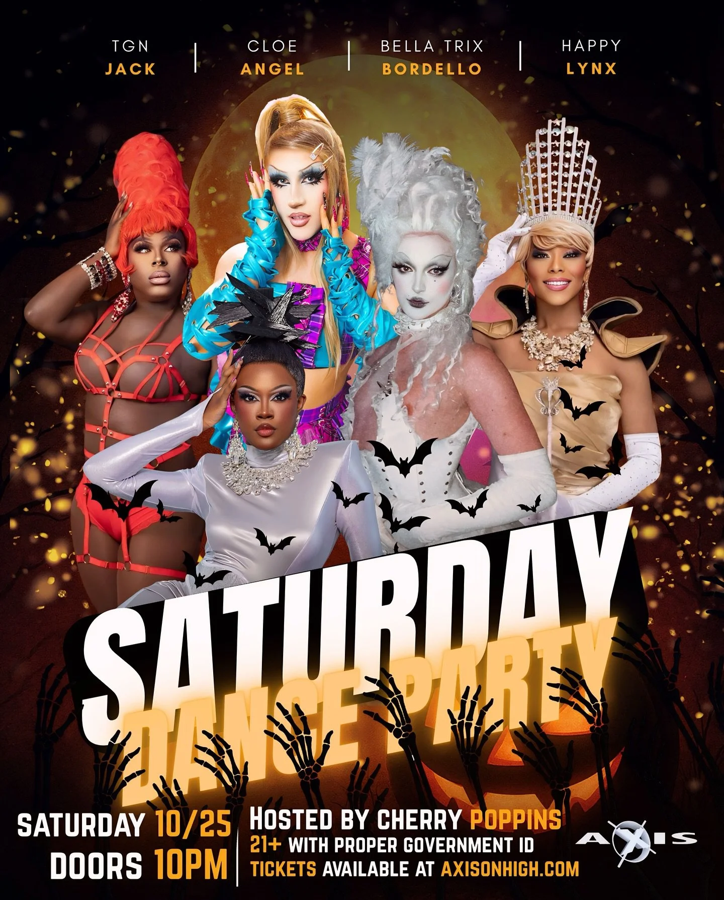 β€οΈ‍π₯ Ghouls just wanna have fun β€οΈ‍π₯
Join us for a spooktacular Saturday Dance Party at Axis Nightclub, hosted by the wickedly fabulous Cherry Poppins π
β¨ Featuring: TGN Jack • Cloe Angel • Bella Trix Bordello • Happy Lynx
