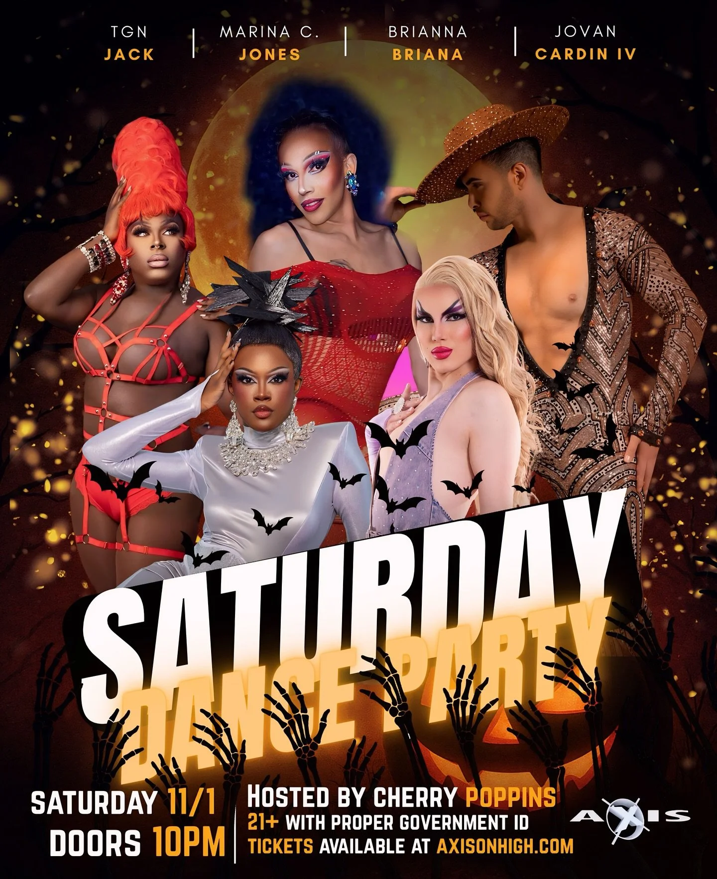 Halloween isn&rsquo;t over just yet&hellip; 🦇✨
The Saturday Dance Party is back tonight at Axis Nightclub, and the witches are still ready to slay the night away!
Hosted by Cherry Poppins, with performances by TGN Jack, Marina C. Jones, Brianna Bria
