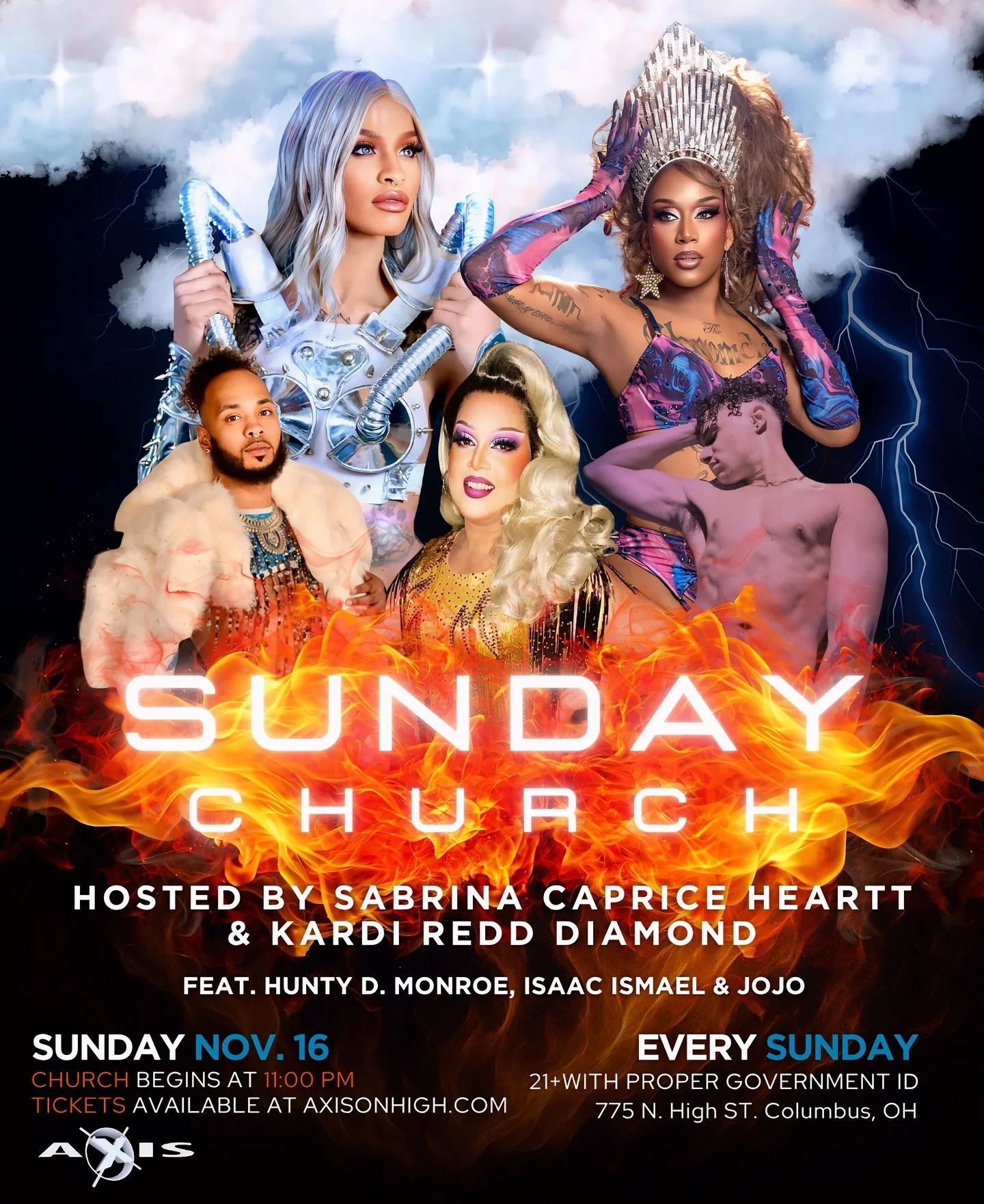 Tonight we praise the glam, the girls, and the good word of nightlife 🙌🔥
Sabrina Caprice Heartt &amp; Kardi Redd Diamond are taking us to CHURCH with Hunty D. Monroe, Isaac Ismael &amp; Jojo right behind them.
Doors open, spirits lifted, wigs secur