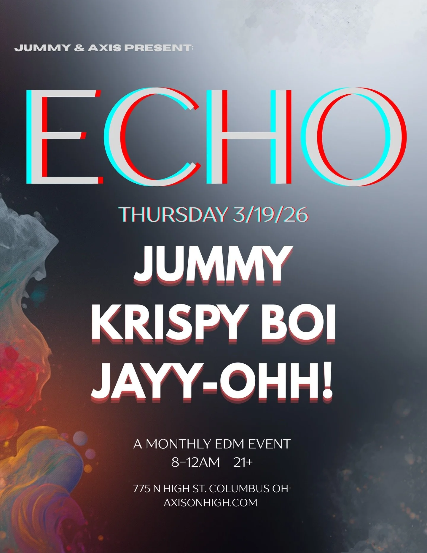 ECHO returns! 

THIS THURSDAY, we&rsquo;re bringing you a full night of live DJ&rsquo;s. Join Jummy, Krispy Boi, and Jayy-Ohh! as they take over the booth and keep the music going all night long. 

🗓 Thursday, March 19
⏰ 8PM&ndash;12AM
🔞 21+

Come 