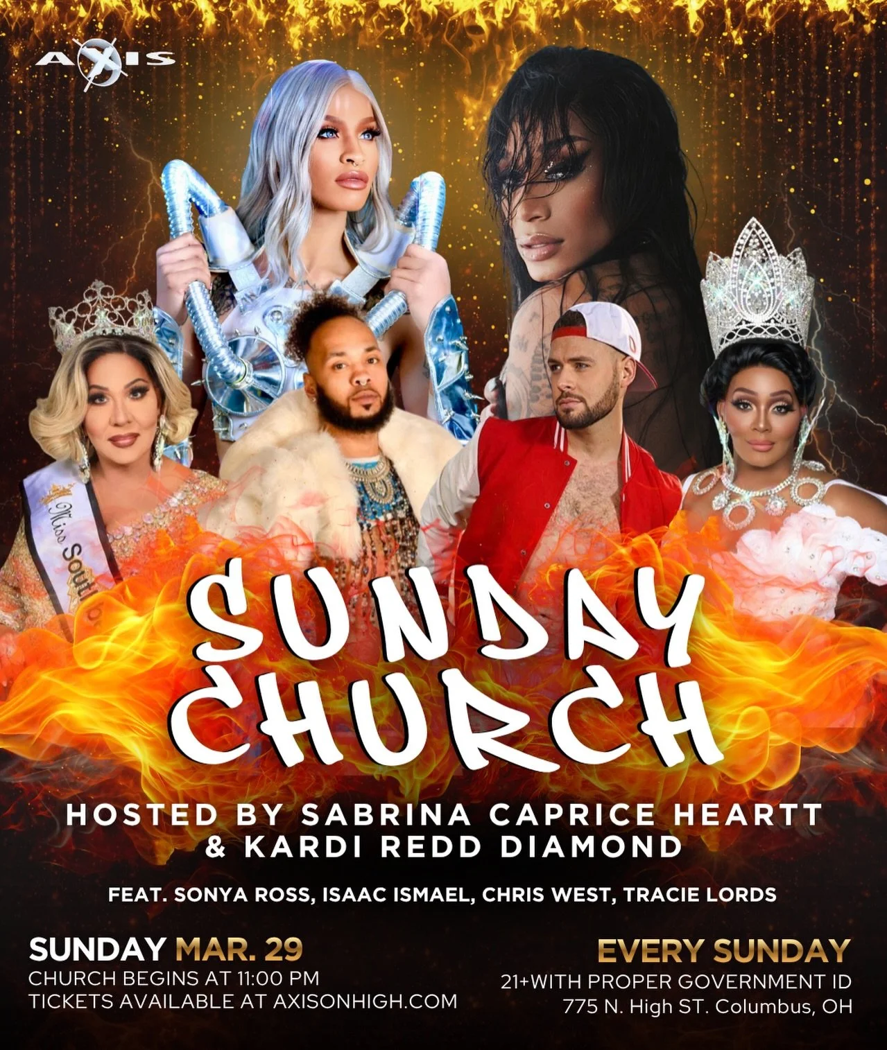Forgive us father, for we&rsquo;re about to sin 🔥

Sunday Church returns tonight with Sabrina Caprice Heartt &amp; Kardi Redd Diamond hosting a stacked cast ready to deliver the fiercest sermon of the week ❤️&zwj;🔥

Doors at 10 pm. 
Show at 11 pm. 