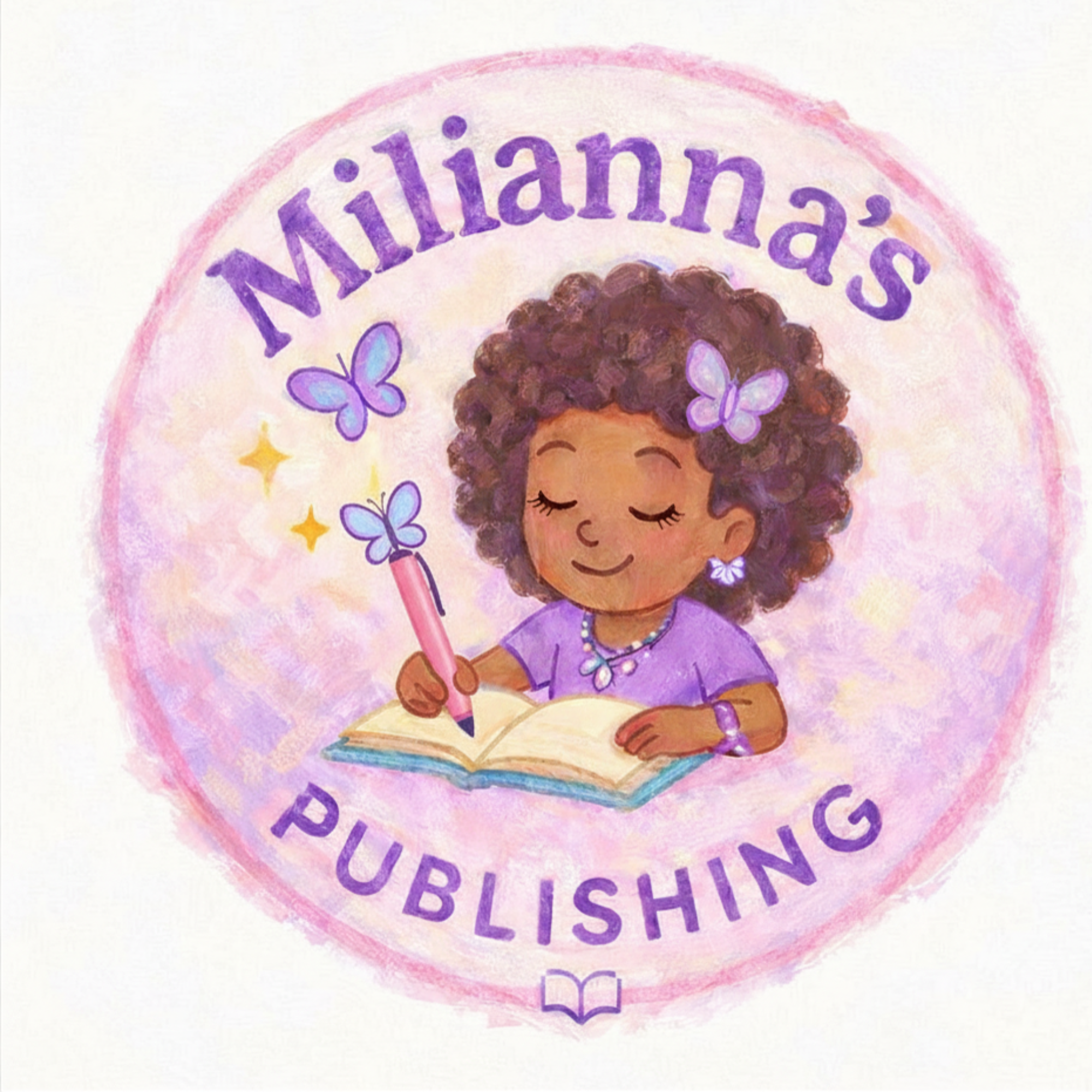 A digital illustration of a girl with dark curly hair and a butterfly hair clip, sitting at a table and writing in a notebook with a pencil. The background features a pink circular badge with the text 'Milliannas Publishing' and small decorative butterflies and stars.