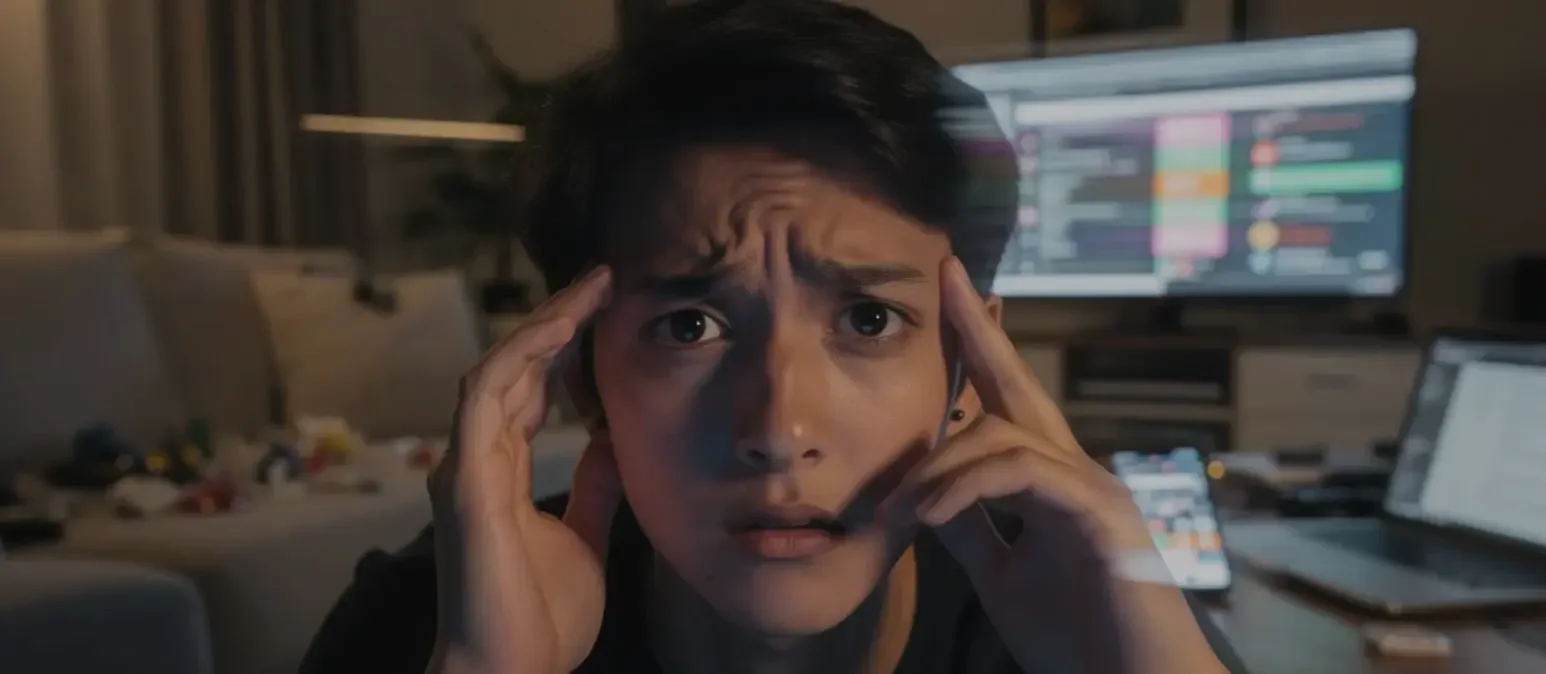 A person looking into the screen feeling overstimulated