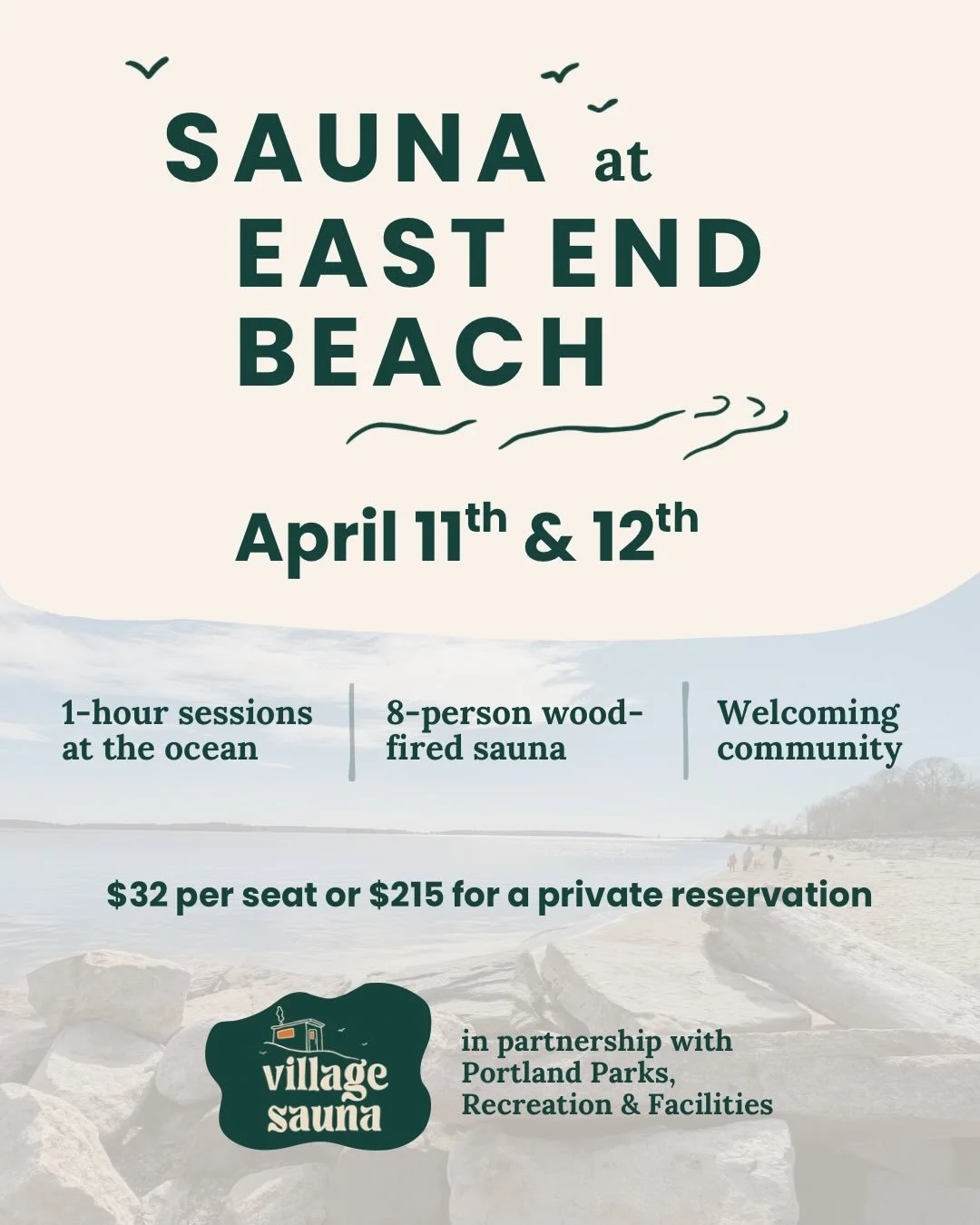 Folks! We&rsquo;re bringing our sauna to the beach! On April 11 &amp; 12, join us at East End Beach (next to the bath house) for a weekend of sauna &amp; ocean dips. We&rsquo;re taking private reservations in addition to individual community sauna bo