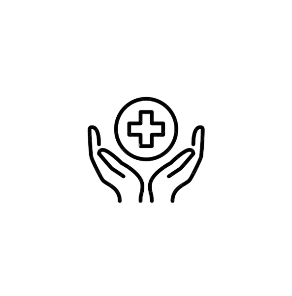 Illustration of two hands holding a circle with a medical cross inside, symbolizing healthcare or medical support.