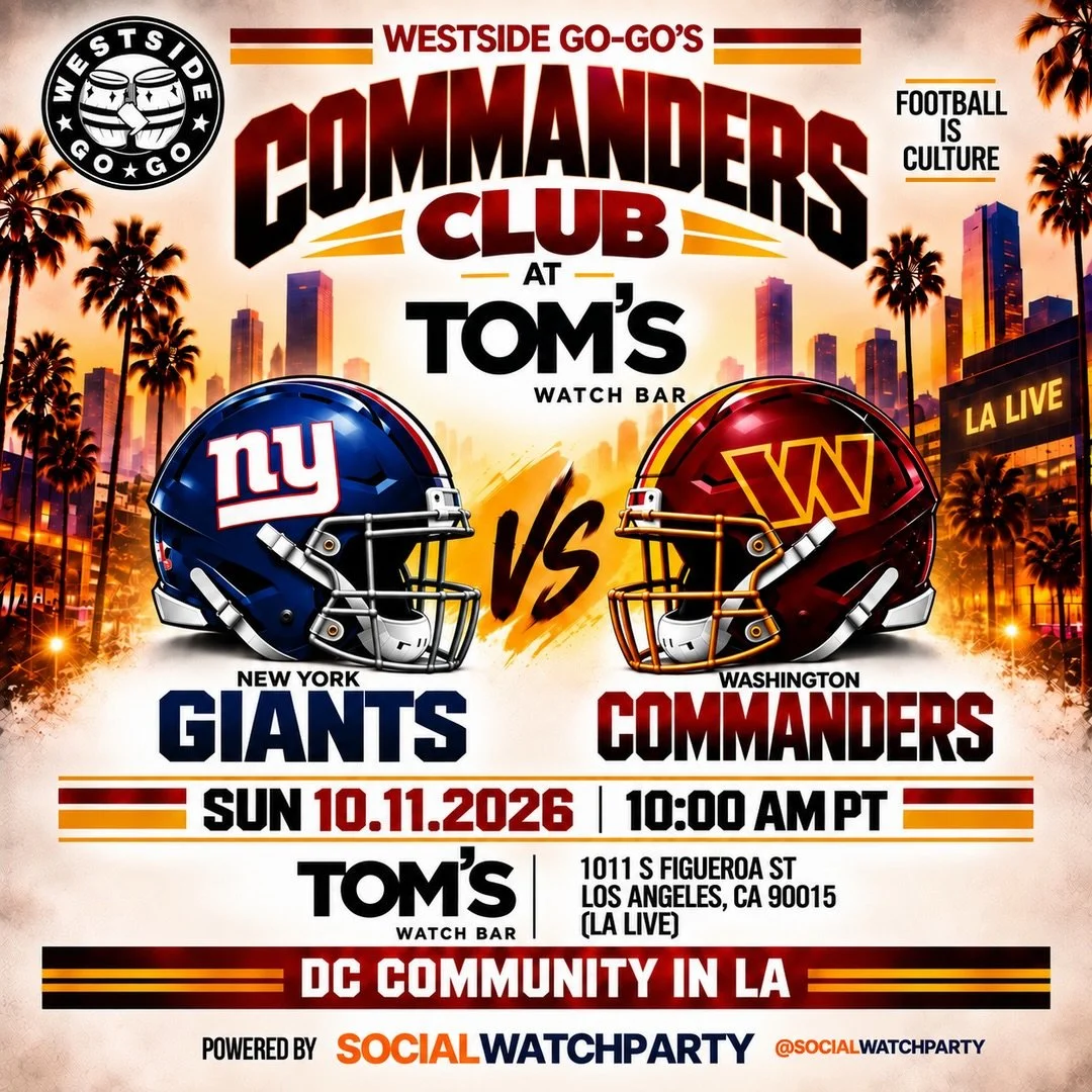 🏈 DMV, we&rsquo;re BACK! Giants vs. Commanders this Sunday, October 11 at Tom&rsquo;s Watch Bar, LA LIVE!

🥂 Pull up early for mimosa specials BEFORE the 10 AM kickoff. Don&rsquo;t let the crew start without you! Burgundy &amp; gold, come through! 