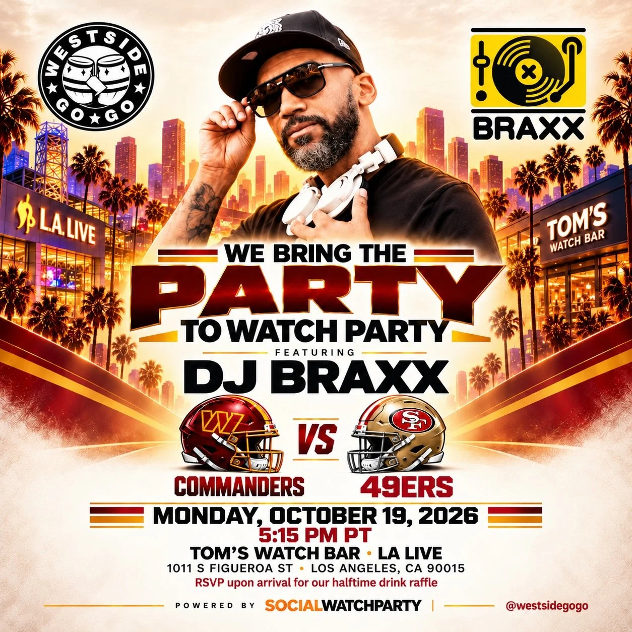 We bring the PARTY to Watch Party! 🏈🎶

Where Go-Go meets HYPHY, with DJ BRAXX bringing the mix! 🔥

Commanders vs. 49ers&mdash;more than a game. Two communities, two cultures, one Monday Night Football party!

♟️ Speed chess on deck
🎟️ Halftime dr