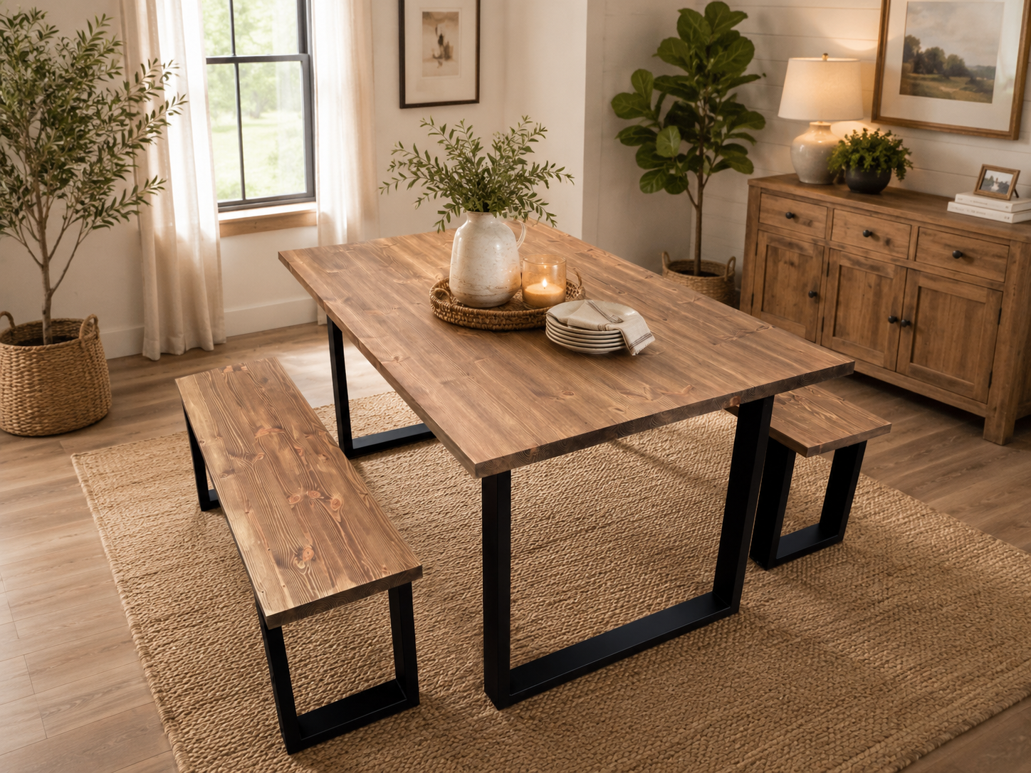 Square Style Dining Table and 2 Benches