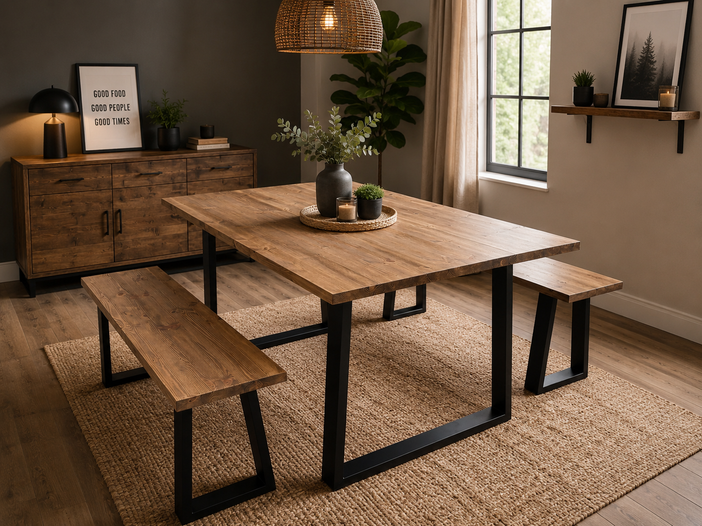 Trapezium Style Dining Table and 2 Benches