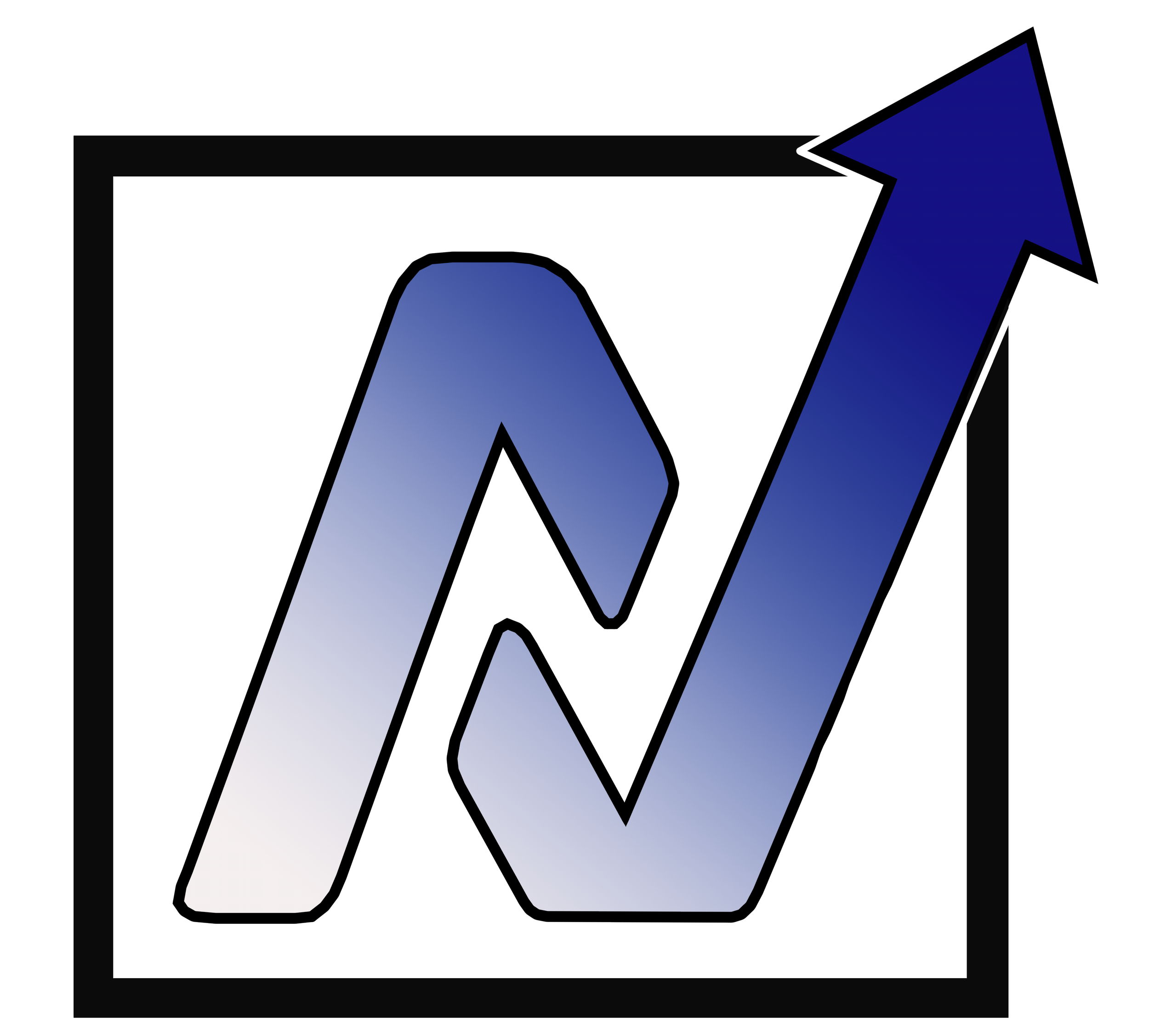 A stylized arrow symbol, with a gradient from white to dark blue, pointing upward inside a black square border.