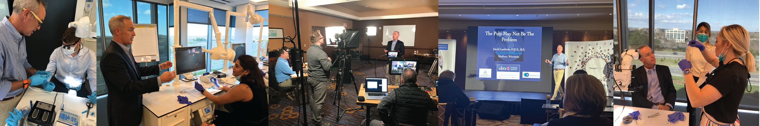 A collage of six scenes from a conference or seminar, including participants working in a lab, a presenter speaking at a podium, and media crews recording a presentation.
