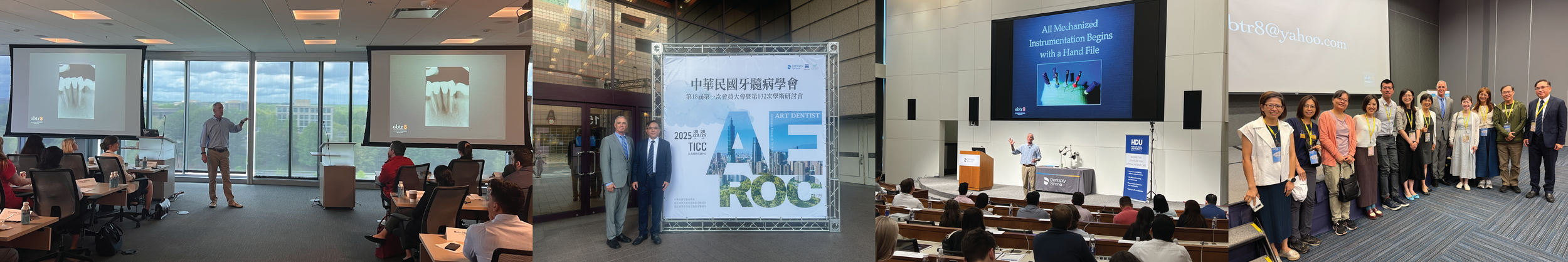 A conference featuring presentations and group photos, with speakers at podiums, large screens displaying slides, and attendees in a modern building with large windows.