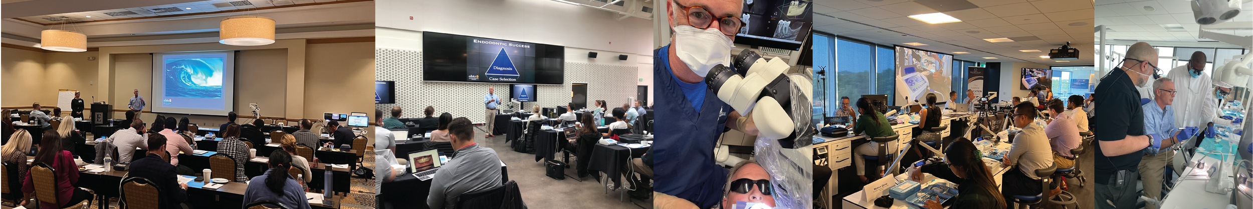 Composite image showing scenes from a professional conference and a dental laboratory. The first two images depict a conference with attendees seated in a conference room listening to a speaker and taking notes. The third image shows a scientist in a lab with a microscope, wearing protective gear and glasses. The last two images feature dental professionals working in a dental lab, wearing masks and gloves, working with dental equipment and models.