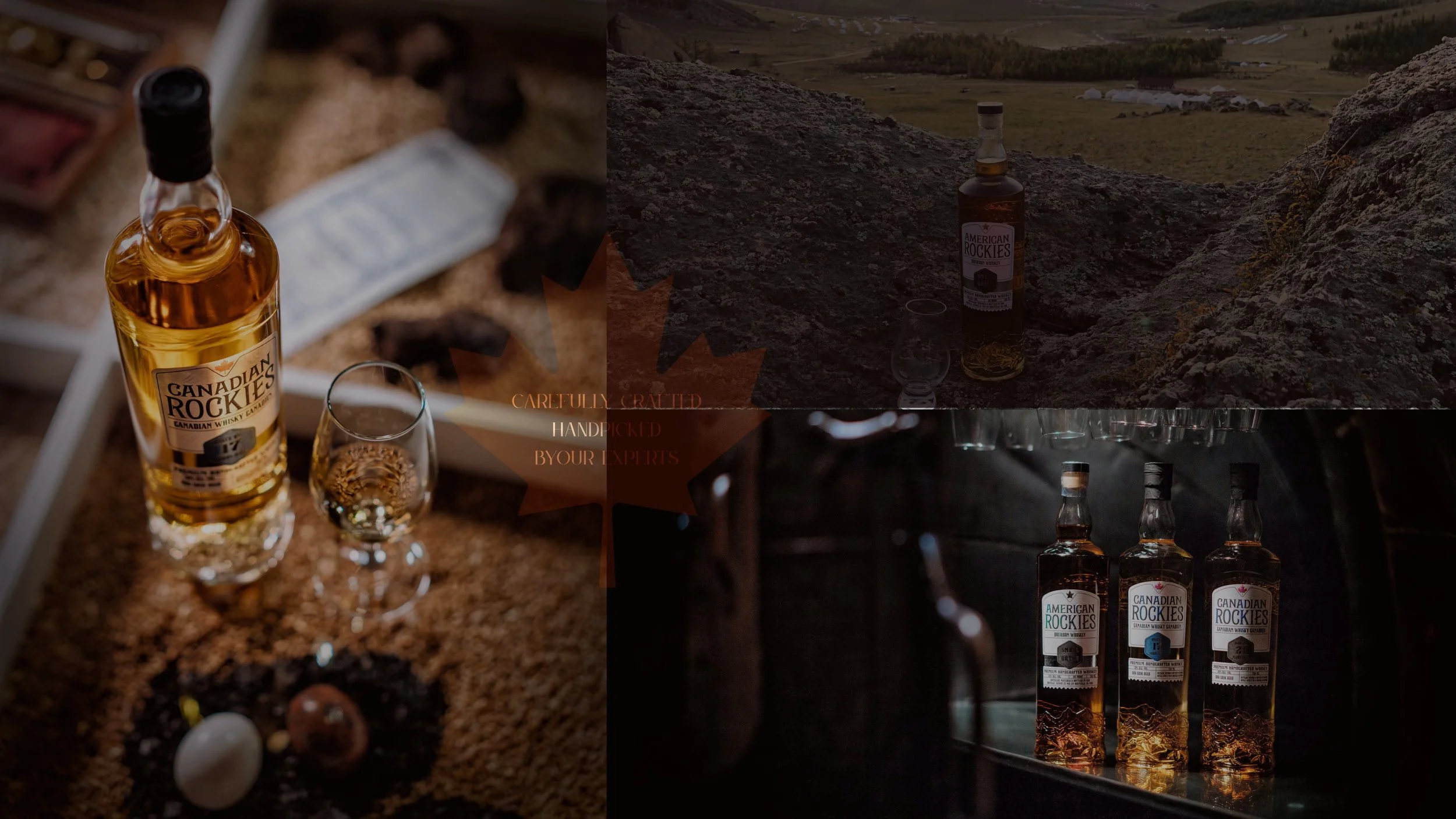 A collage of four images featuring Canadian Rockies whiskey bottles and a glass, with outdoor and indoor settings. The center has a maple leaf with a message about craftsmanship.