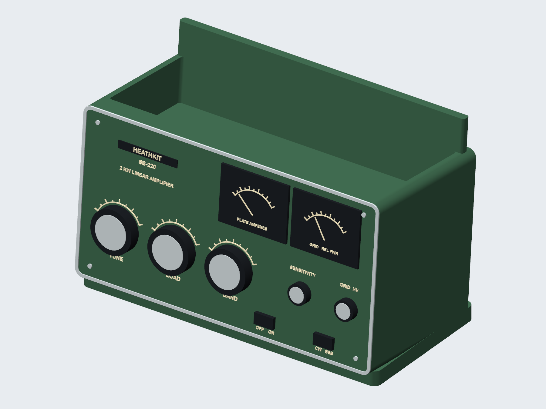 Heathkit SB-220 inspired qsl card holder, digital rendering.