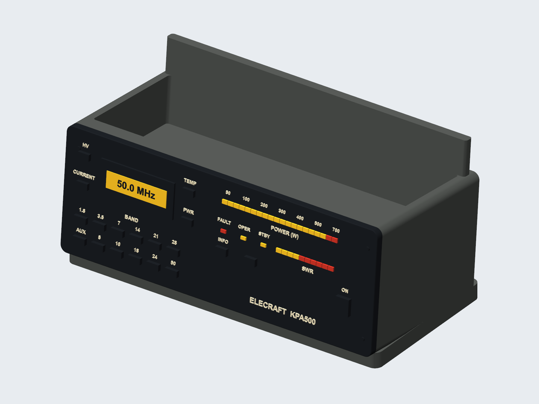 Elecraft KPA500 inspired qsl card holder, digital rendering.
