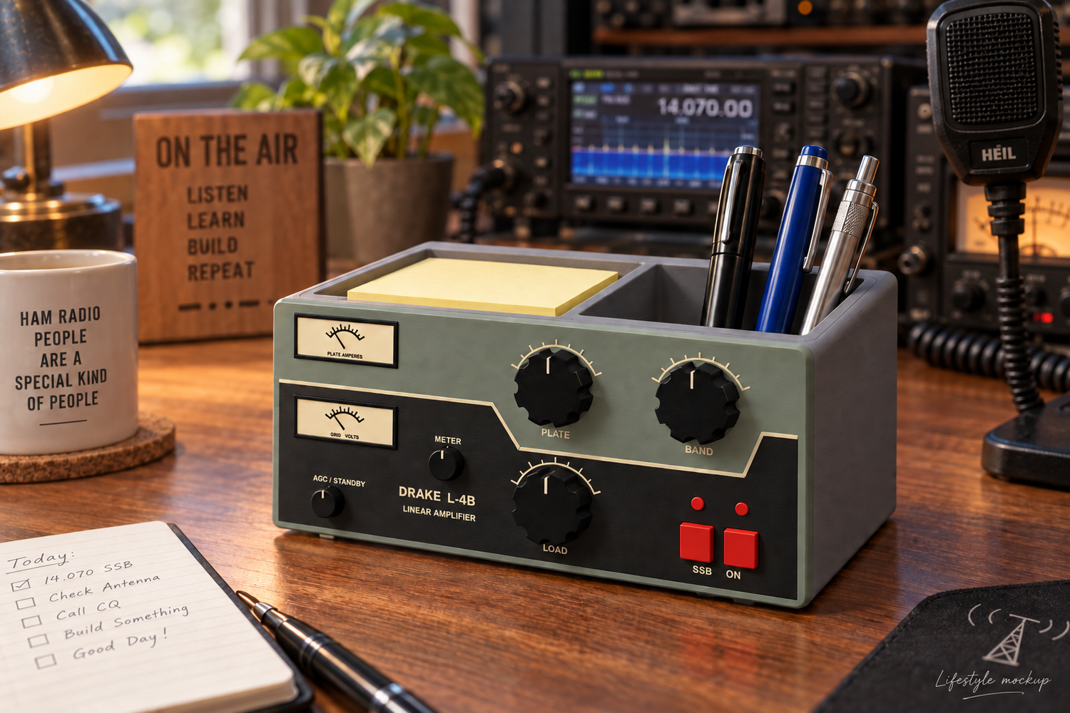 Drake L-4B inspired organizer on a ham radio desk, AI-generated lifestyle mockup