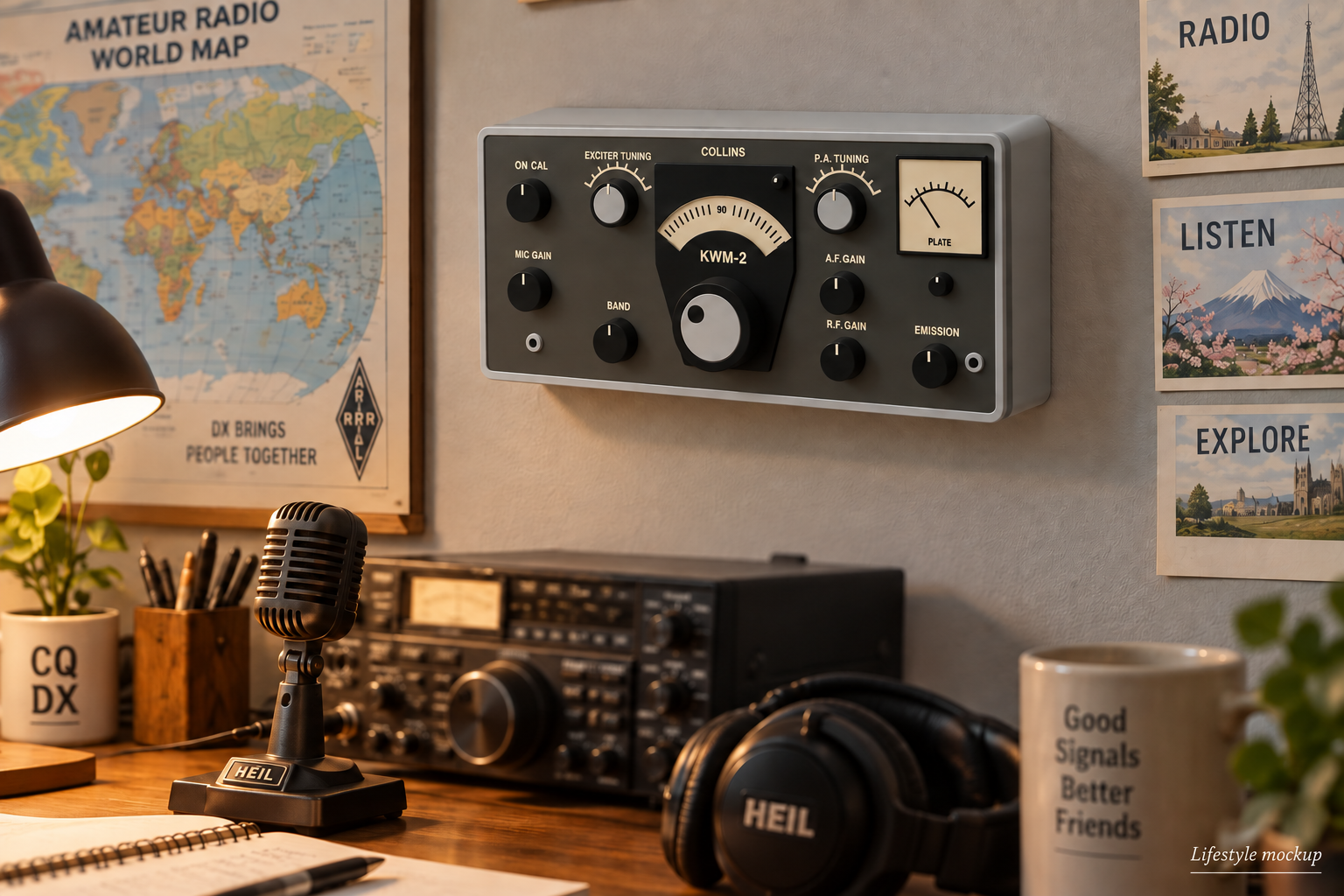 Collins KWM-2 inspired wall art in a ham shack. AI-generated lifestyle mockup; props not included.