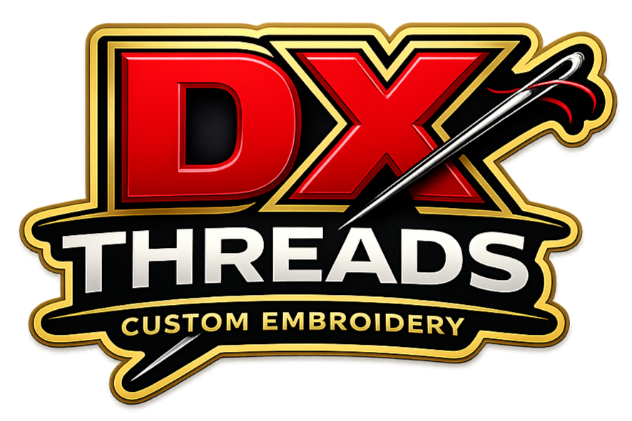 Logo for DX Threads featuring red letters 'DX' with a needle and red thread, and the words 'Threads Custom Embroidery' underneath in yellow and white on a black background.