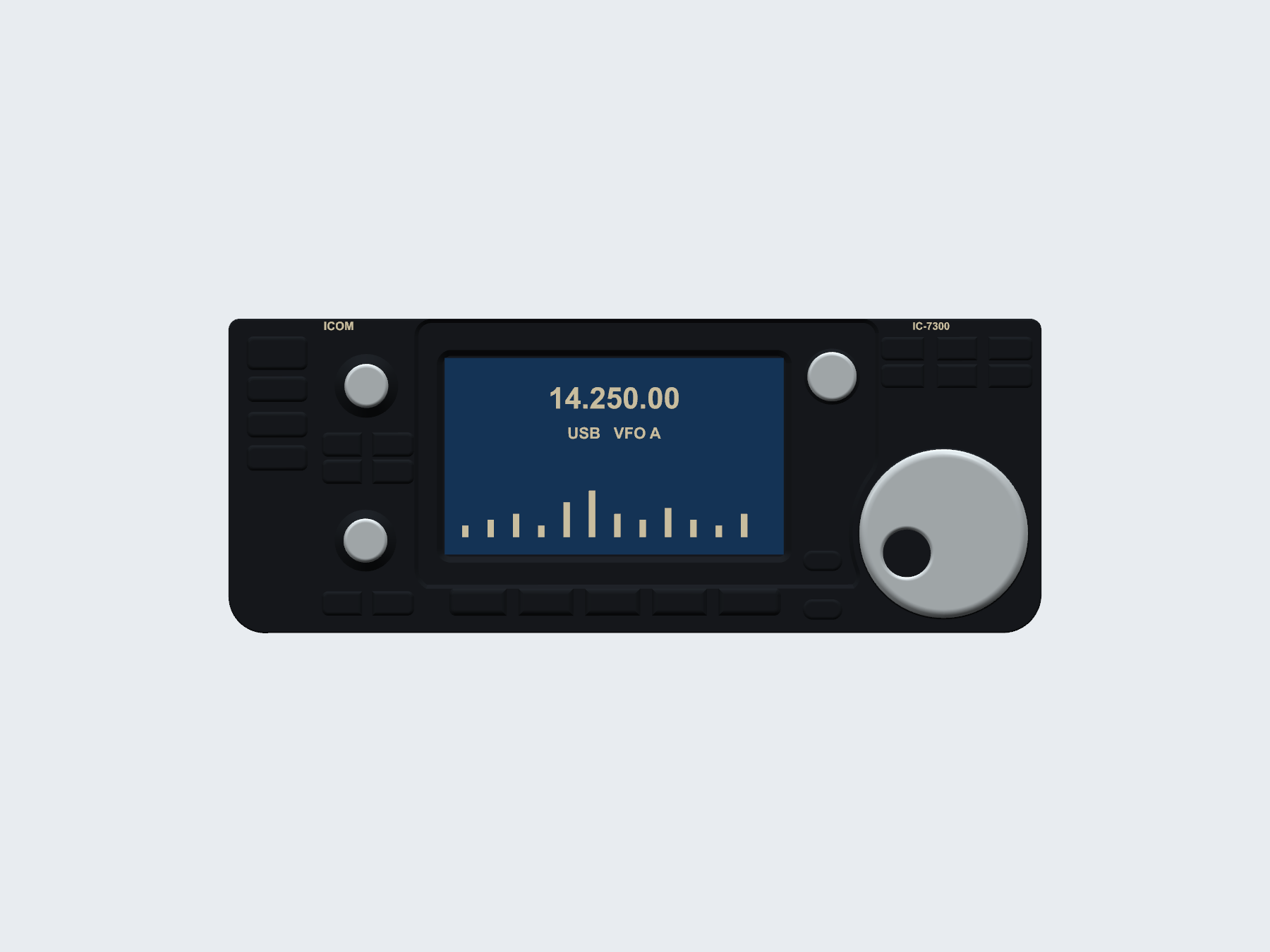 Icom IC-7300 inspired pen and sticky note organizer; CAD concept render, not a photograph of a finished print. Front view.
