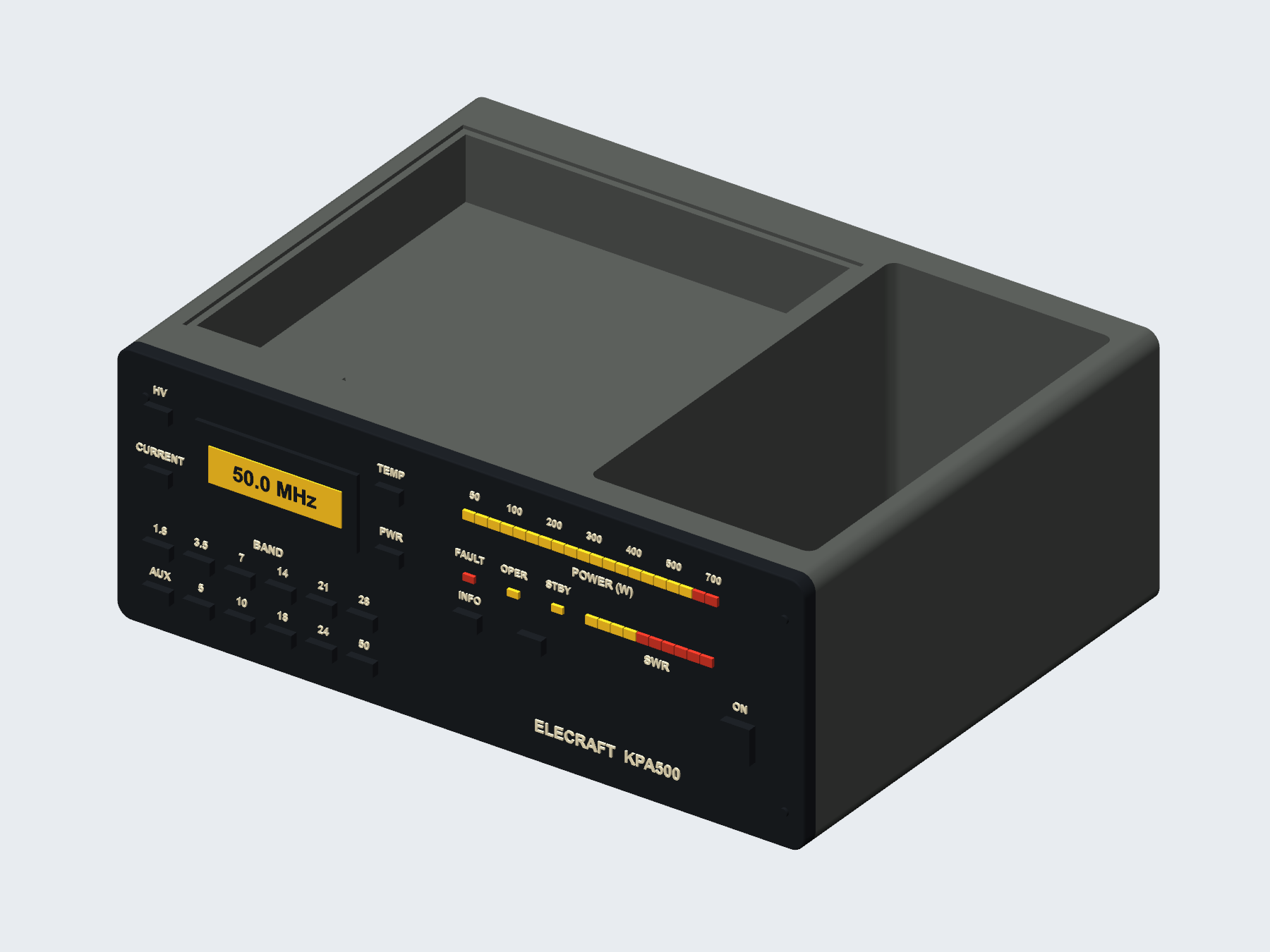 Elecraft KPA500 inspired pen and sticky note organizer; CAD concept render, not a photograph of a finished print. Isometric view.