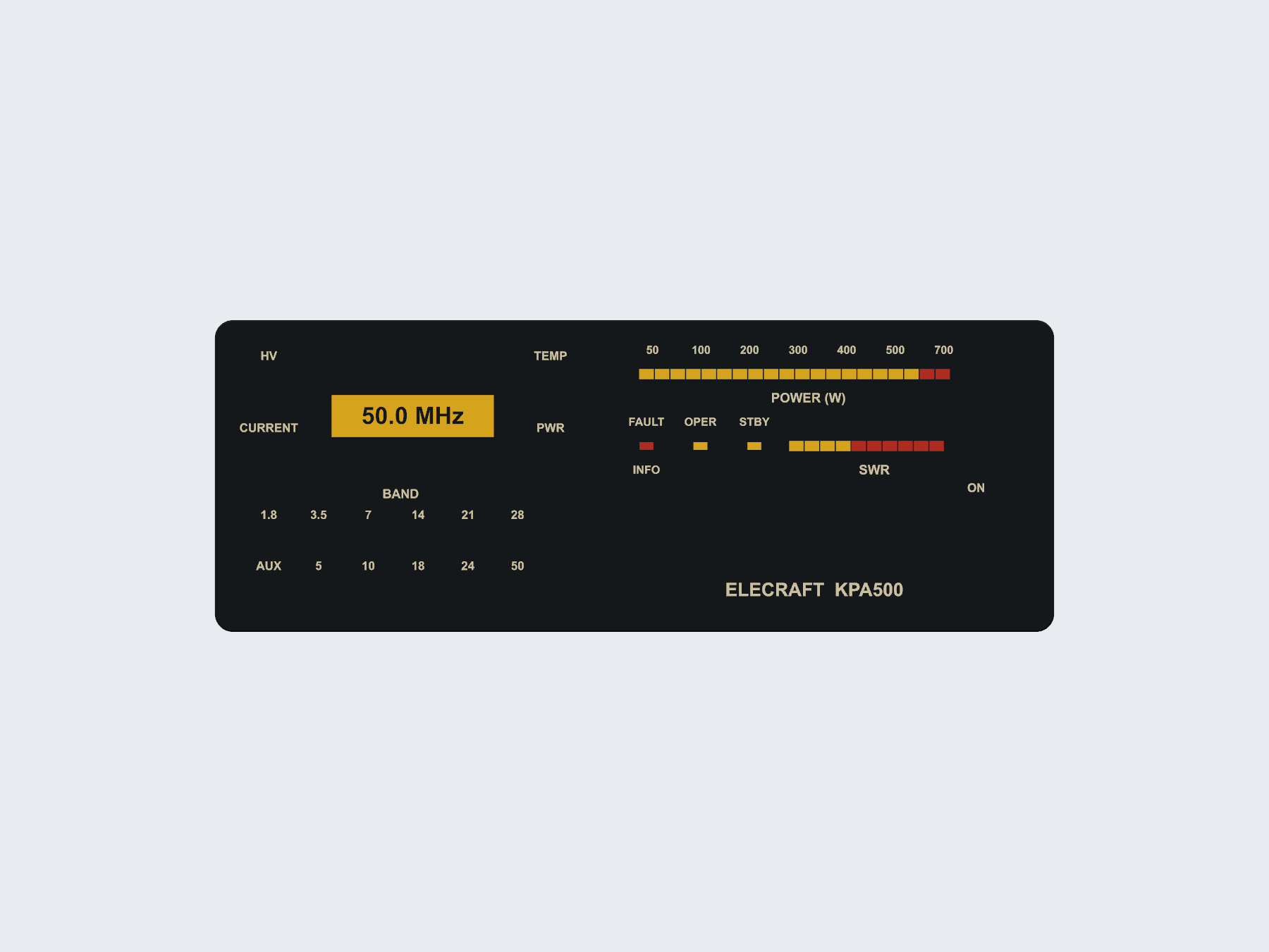 Elecraft KPA500 inspired pen and sticky note organizer; CAD concept render, not a photograph of a finished print. Front view.
