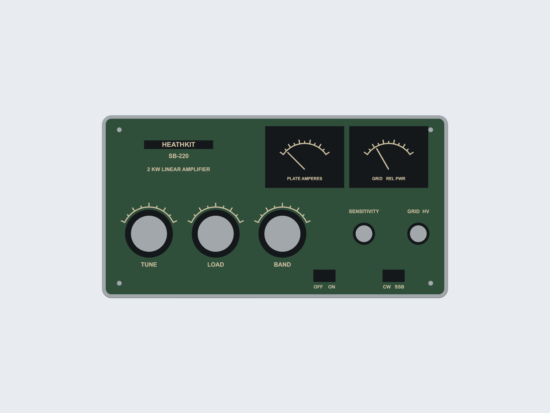 Heathkit SB-220 inspired pen and sticky note organizer; CAD concept render, not a photograph of a finished print. Front view.