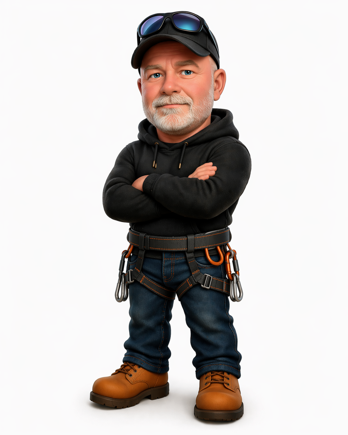 An elderly man with a beard and mustache wearing a black hoodie, tan work boots, jeans, and a black cap with sunglasses on top. He has climbing gear around his waist and arms crossed, standing confidently against a plain white background.