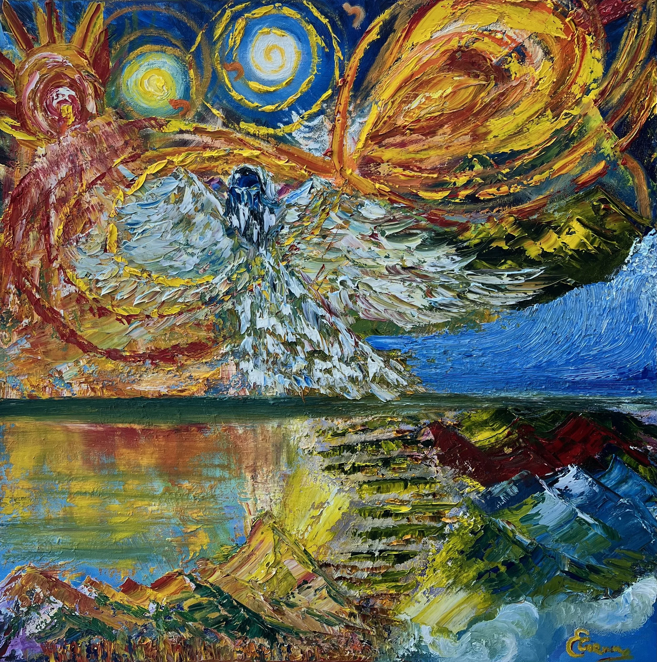 An abstract painting with vibrant, swirling colors including yellow, blue, red, and white. The composition suggests a landscape with mountains, a river, and a bright sky with swirling patterns.